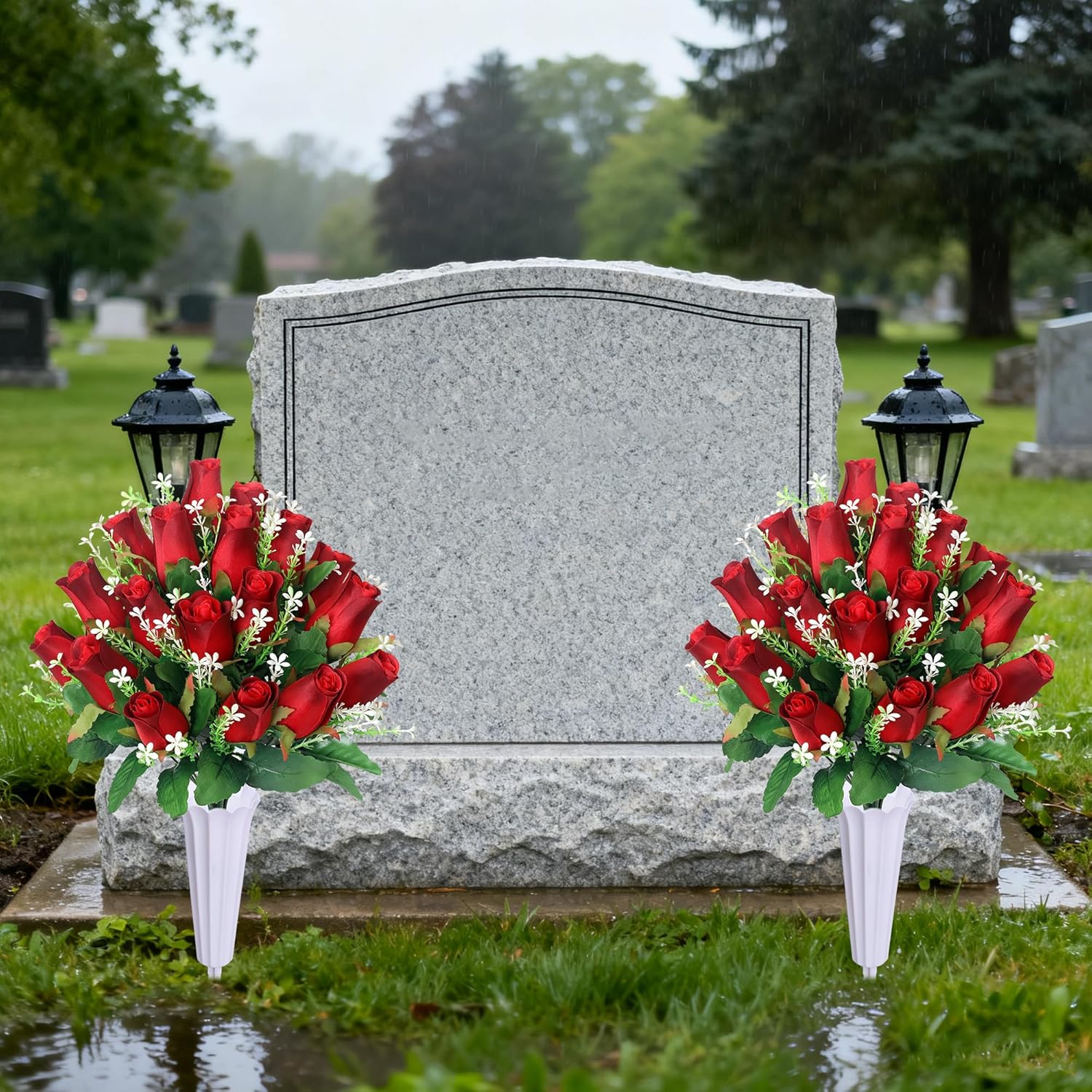 Artificial Cemetery Flowers For Grave,2Pack Memorial Roses Bouquets With Vase For Grave Tombstone Decorations (Red)