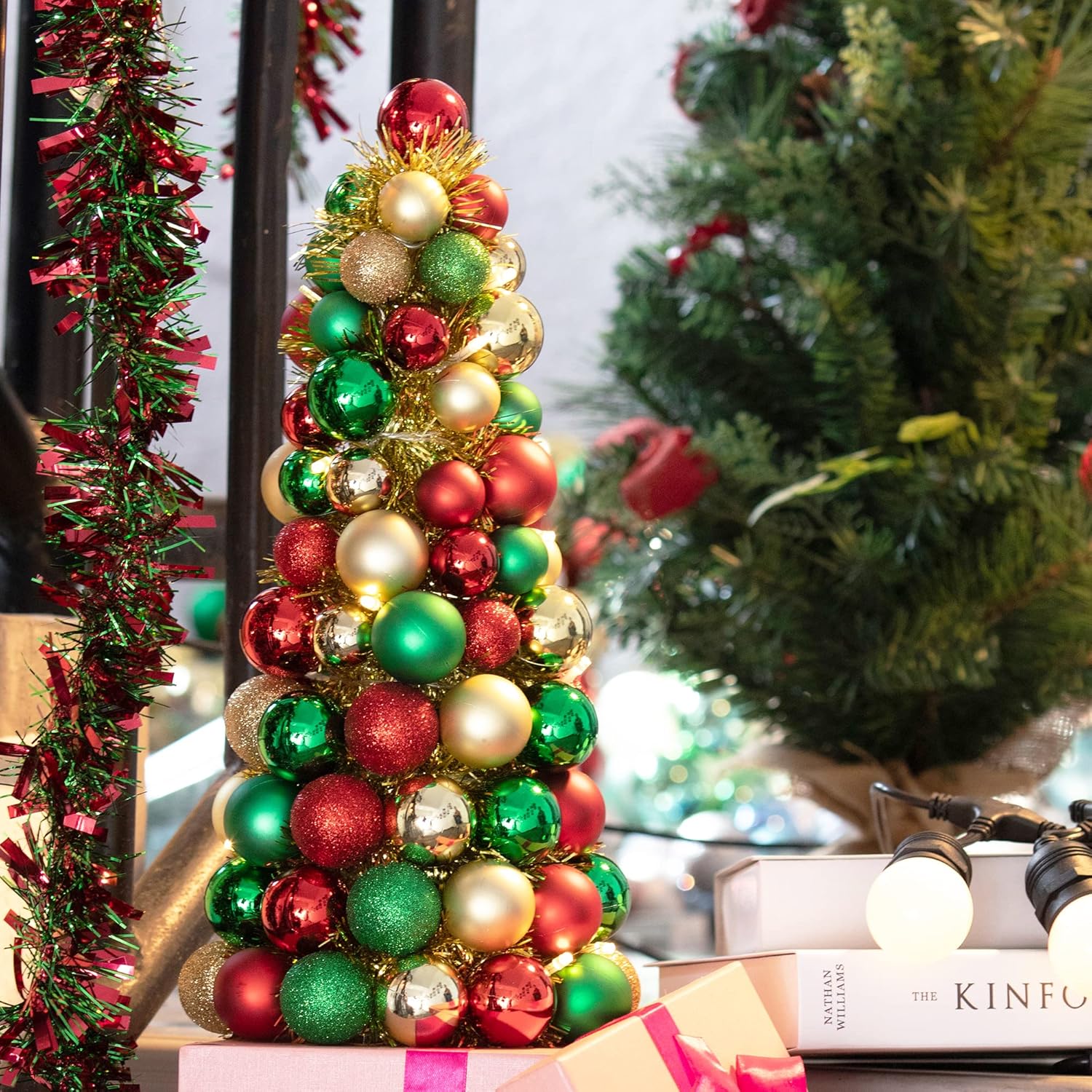 16In Christmas Ball Tree With Led Lights Table Centerpiece Fireplace Decor Indoor Holiday Party Home Decoration Red Gold Green