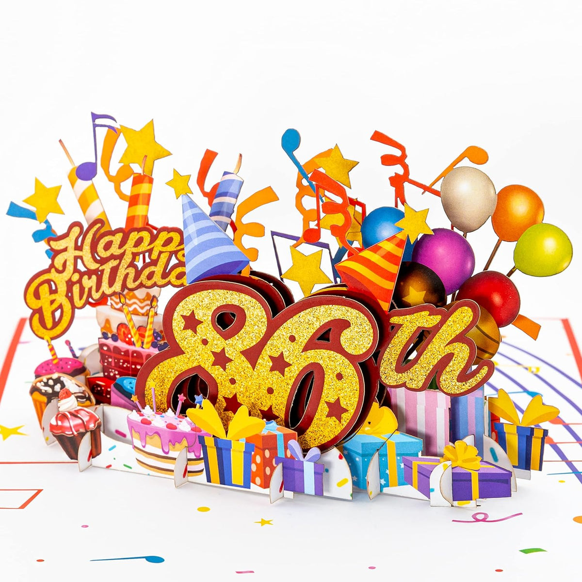3D Pop Up Happy 86Th Birthday Card – Red Design With Glitter Numbers, Balloons, Cakes & Gifts – Unique Bday Card For Dad, Mom, Husband, Wife, Man Or Woman – 5" X 7"