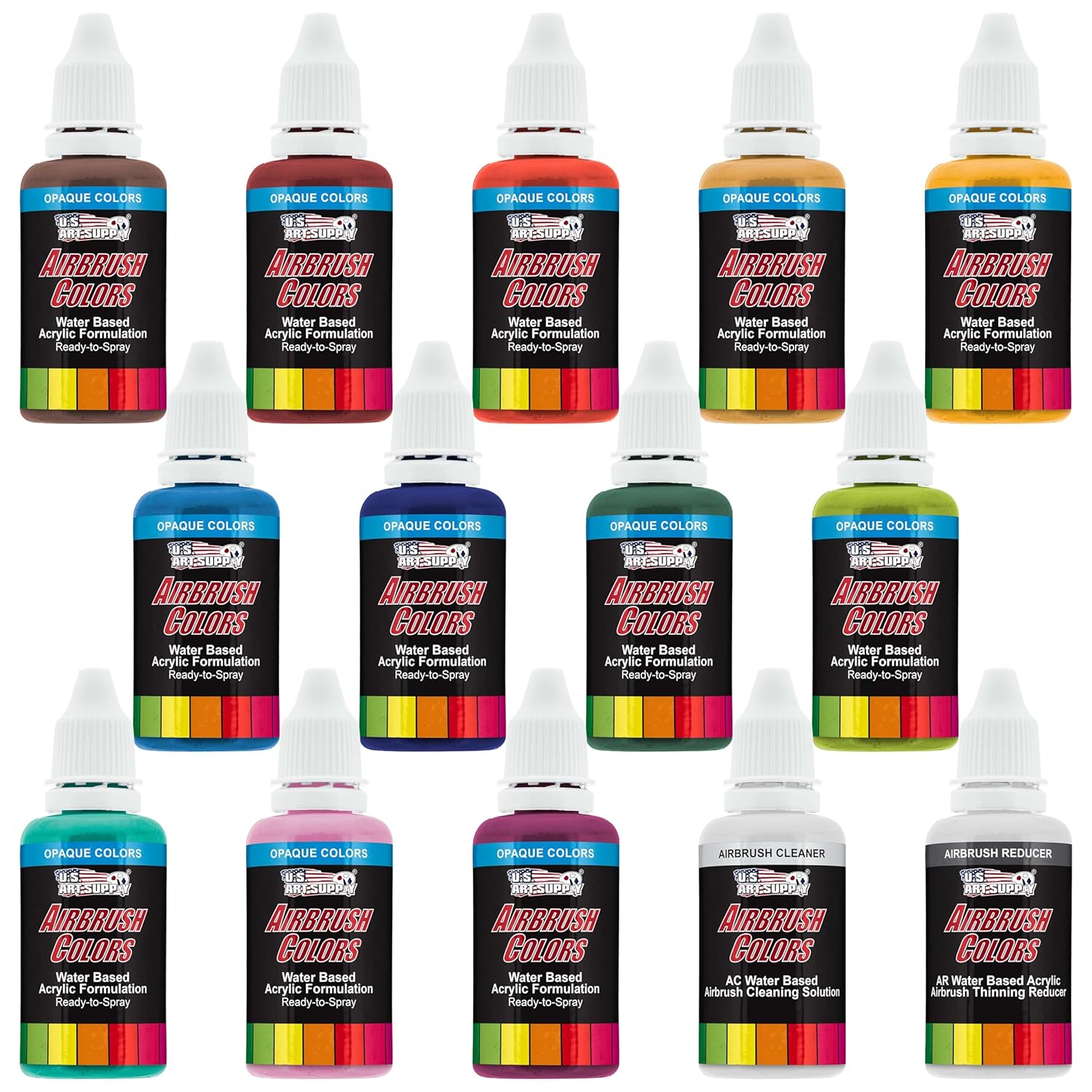 Airbrush Paint Set - 12 Color Secondary Opaque With Reducer & Cleaner, Ready To Spray Air Brush Paint, 1-Ounce Water-Based Acrylic For Painting Metal, Plastic Models, Canvas, Wood