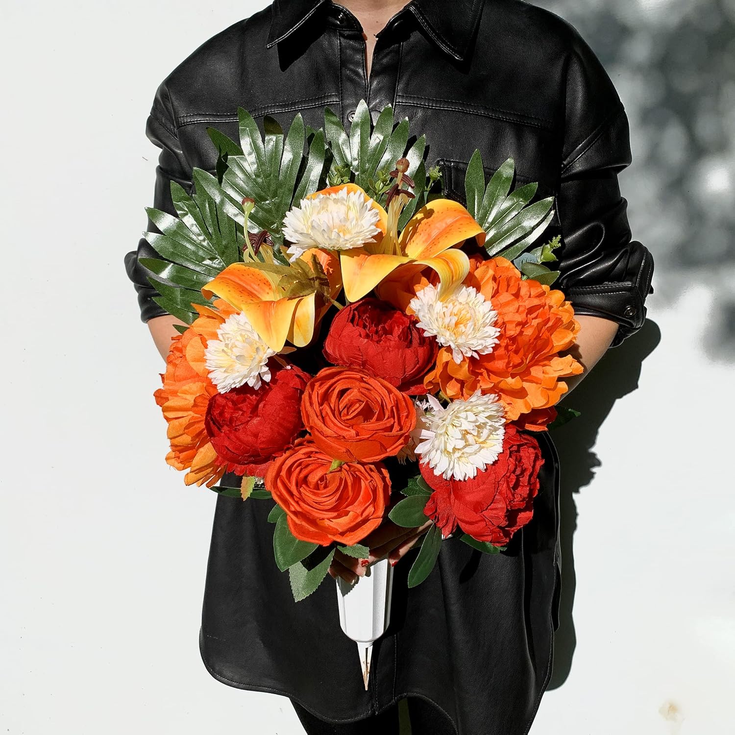 Artificial Cemetery Flower With Vase For Headstone, Outdoor Grave Decoration?Florist-Arranged Memorial Bouquet:Orange Rose And White Mum Mix,Easy Fit