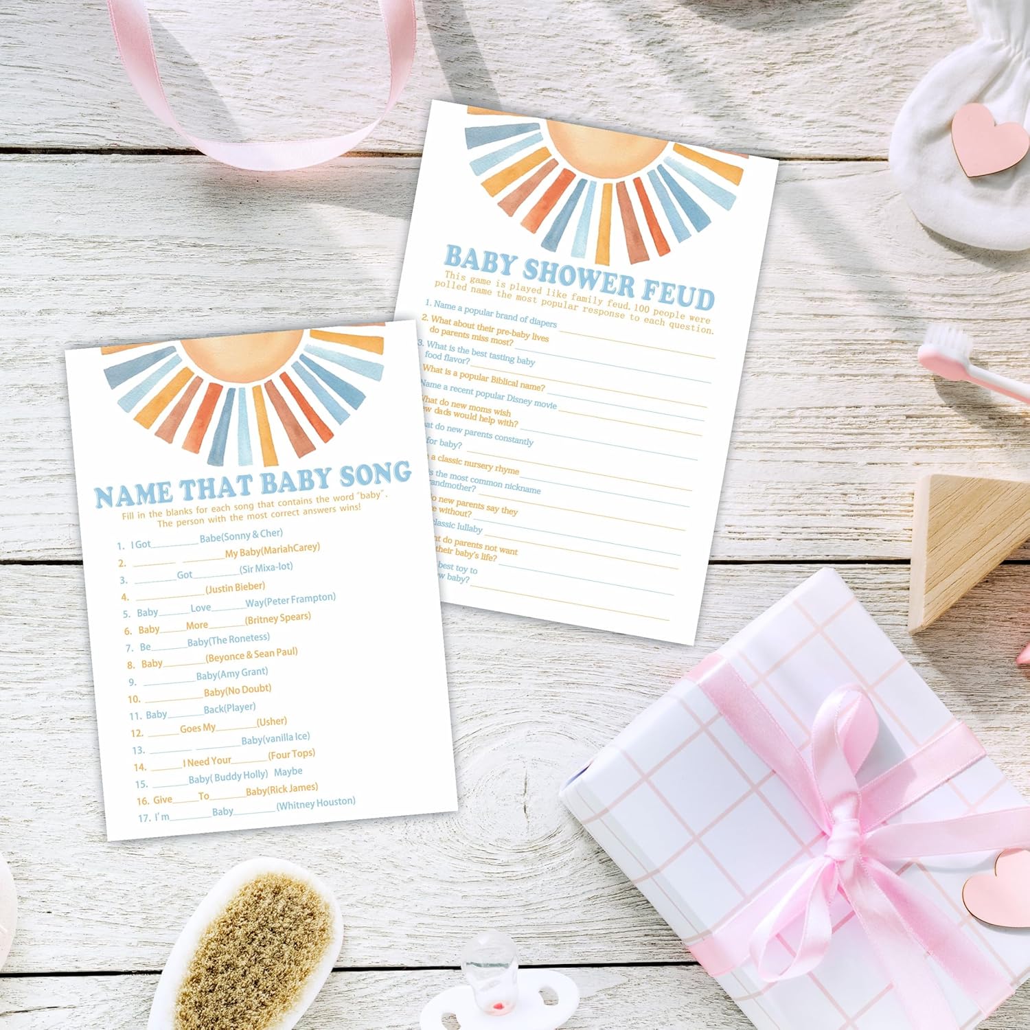 Baby Shower Feud & Name That Baby Song Theme Baby Shower Game Activities-Game Cards For Boys & Girls-30 Retro Sunshine Game Cards & 1 Answer Card-Baby Shower Party Supplies & Decorations-A05