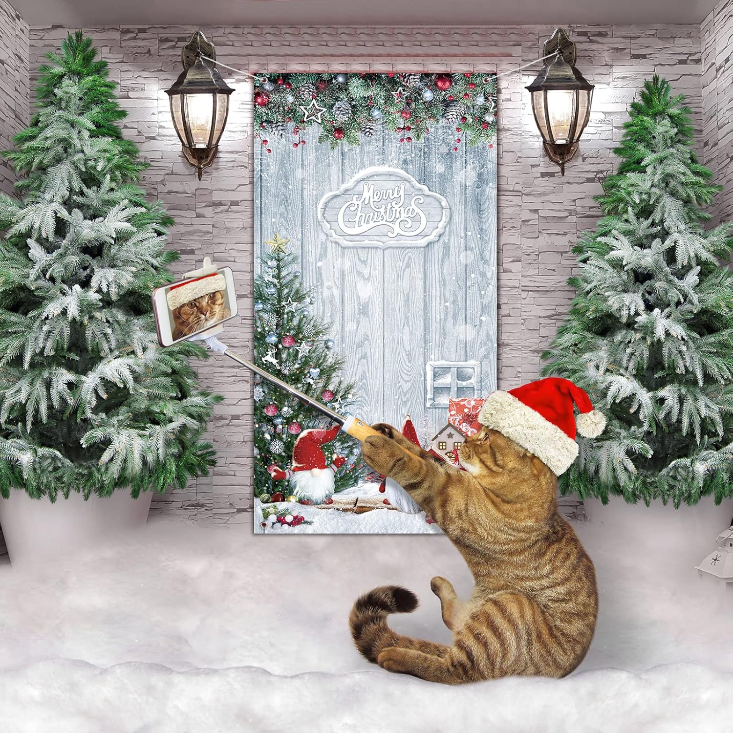 Christmas Gnome Door Cover Decorations Merry Christmas Front Door Cover Winter Snowflake Backdrop Wood Door Banner Photo Booth Props For Christmas Party Decorations