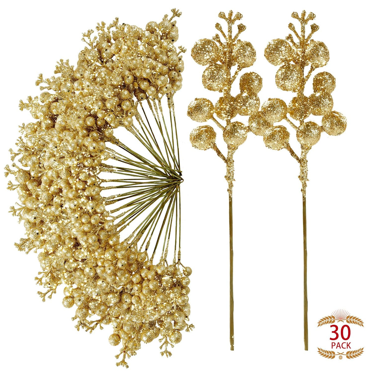 30Pcs Christmas Glitter Berries Stems Artificial Red Berry Branches Holly Picks Stems Christmas Tree Ornaments For Diy Xmas Wreath Crafts Gifts Holiday Home Decor (Gold)