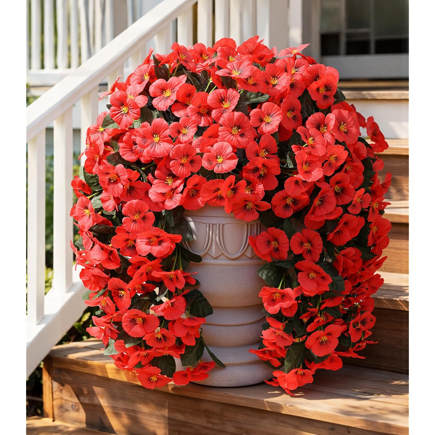Artificial Flowers For Outdoors 2Pcs Faux Silk Pansy Vines Lush Uv Resistant Fake Hanging Flower Plants For Outside Porch Yard Patio Window Box (Red)