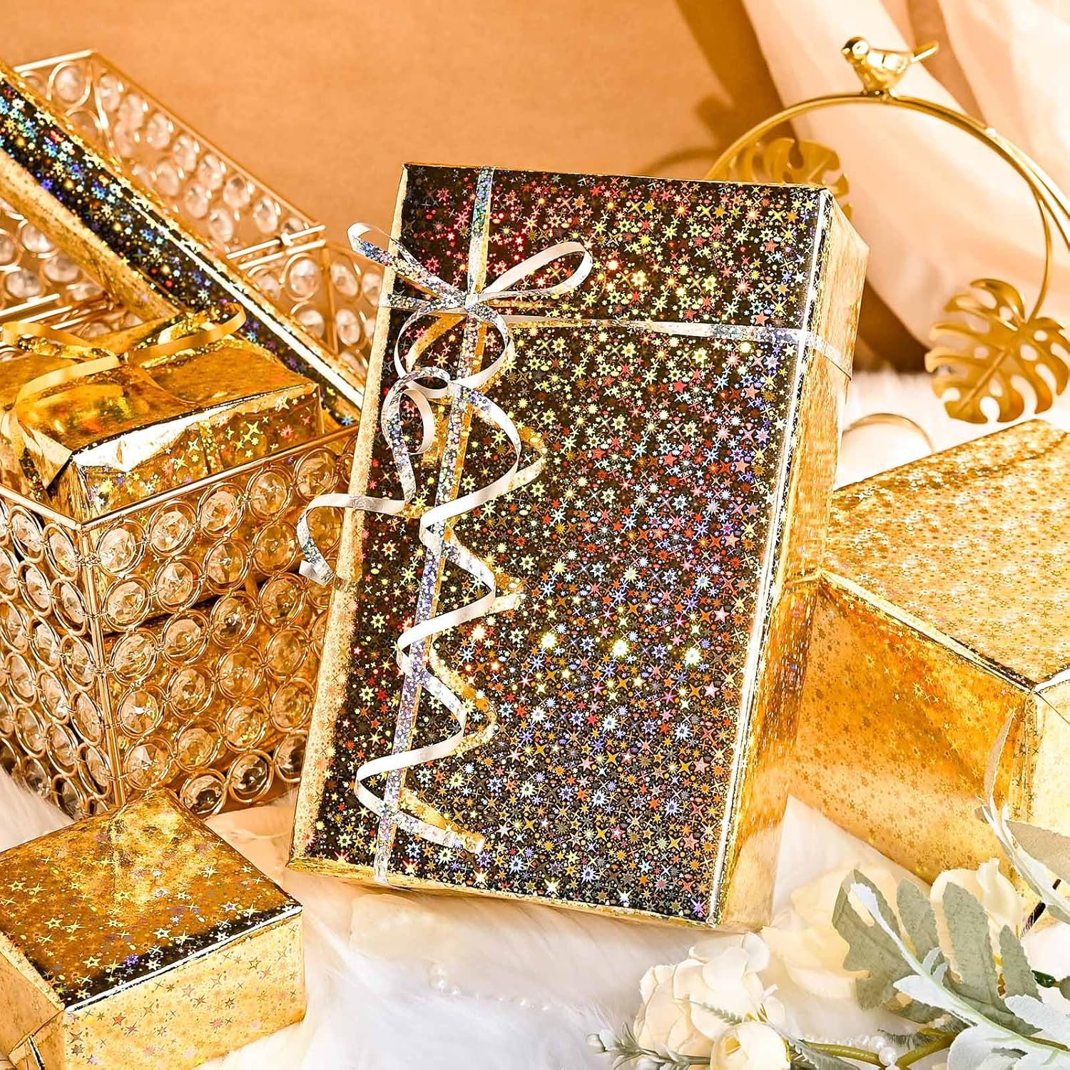 17 In X 32.8 Ft (46.5 Sq.Ft.) Gold Wrapping Paper Roll With Iridescent Spark Pattern And Shinning Galaxy Stars, Holographic Gift Wrap For Birthday, Valentines Day, Christmas, Wedding, Mothers Day