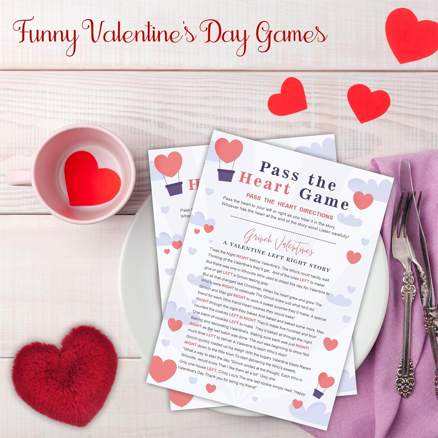 Valentine'S Day Left Right Story, Pass The Heart Game, 2 Story Cards & A Red Fluffy Heart, Valentine'S Day Party Games & Supplies - A03