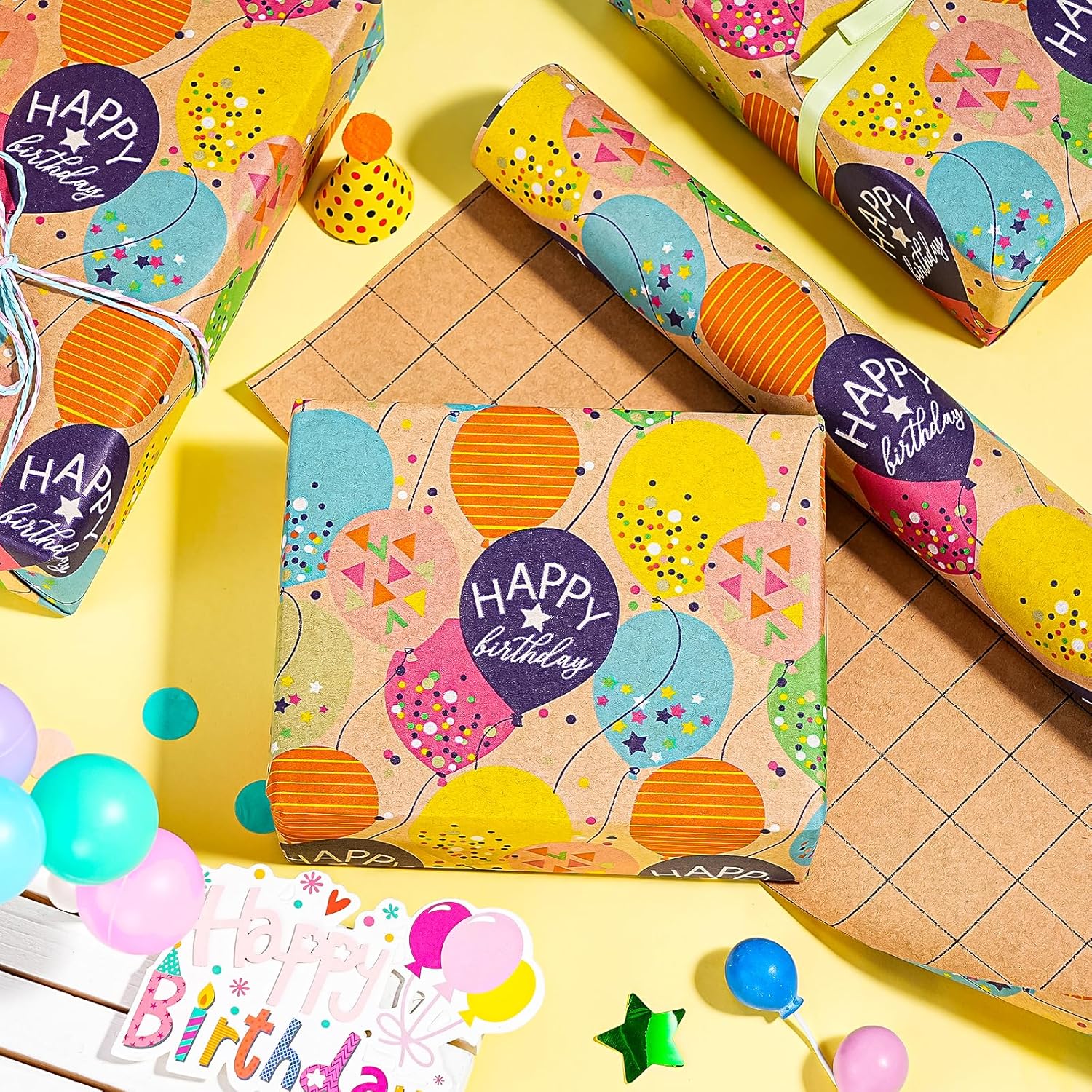Kraft Birthday Wrapping Paper Roll - Mini Roll - 17 Inch X 9.8 Feet - Colorful Balloon With Confetti Design For Girls Boys Kids, Baby Shower, Party
