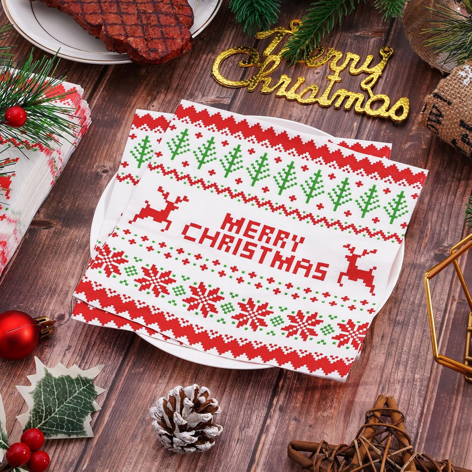 80 Pack Christmas Napkins 6.5 X 6.5 Inch Ugly Sweater Disposable Napkins Merry Christmas Dinner Napkins Red Green Holiday Paper Napkins For Xmas Winter Birthday Supplies Party Decoration