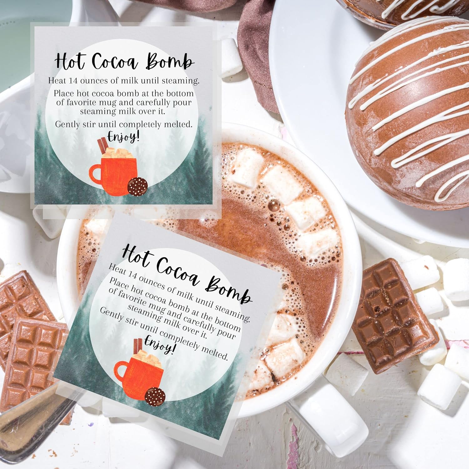 Hot Cocoa Chocolate Bomb Instruction Tags Cards | 50 Pack | 2.5" Inch Square Labels | Hot Cocoa Bomb Supplies | Christmas Holiday Winter Snow