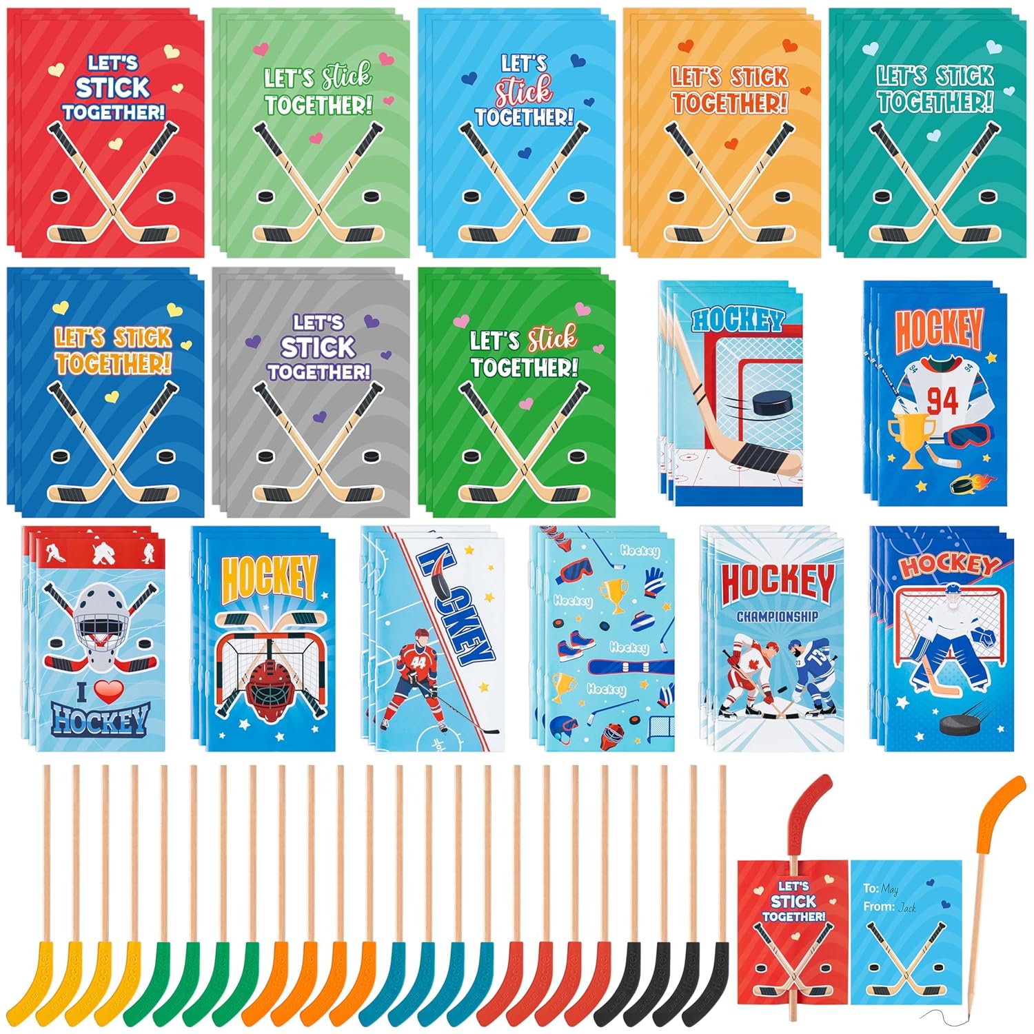 Valentine’S Day Hockey Exchange Gifts - 24 Set Sport Theme Hockey Greeting Cards With Pencil And Eraser For Kids Mini Notebooks Giveaways For Classmates School Classroom Birthday Party Favors