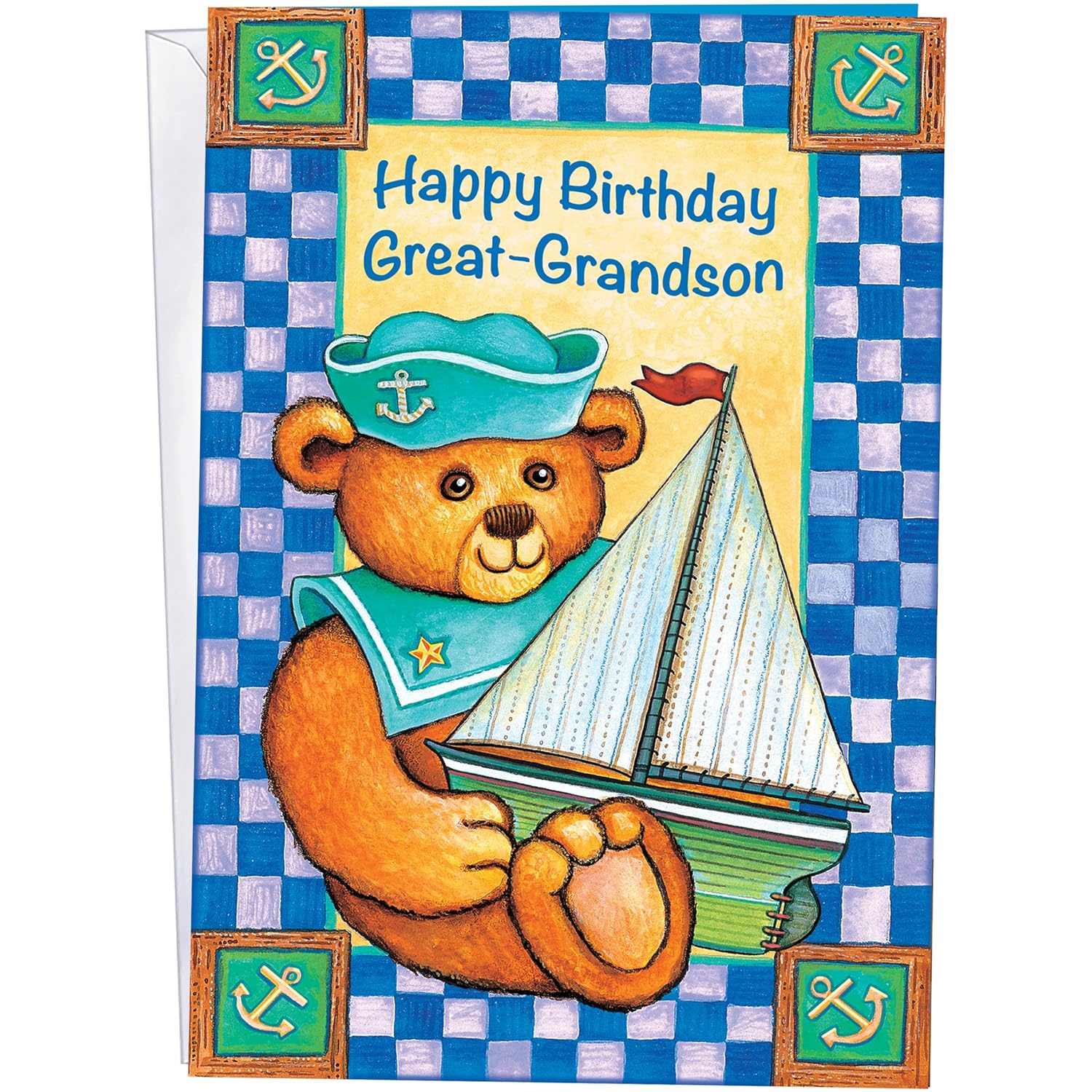 Birthday Card For Great Grandson - Large Size Opens To 10" X 7.75" - Made In Chicago - Cute Teddy Bear - Premium Envelope & Sturdy Mailer - 95817