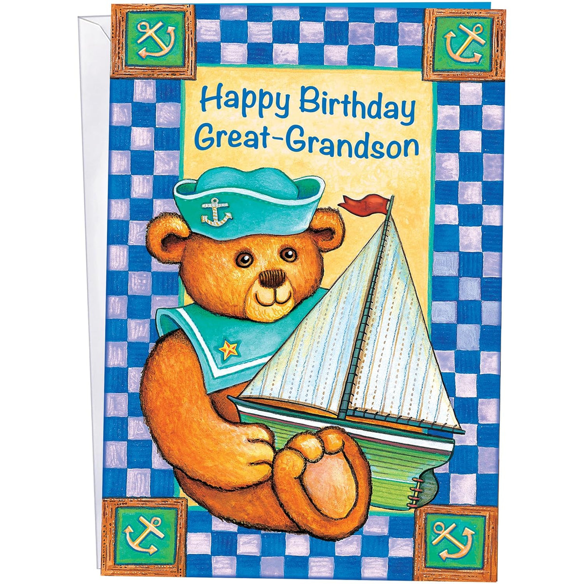 Birthday Card For Great Grandson - Large Size Opens To 10" X 7.75" - Made In Chicago - Cute Teddy Bear - Premium Envelope & Sturdy Mailer - 95817
