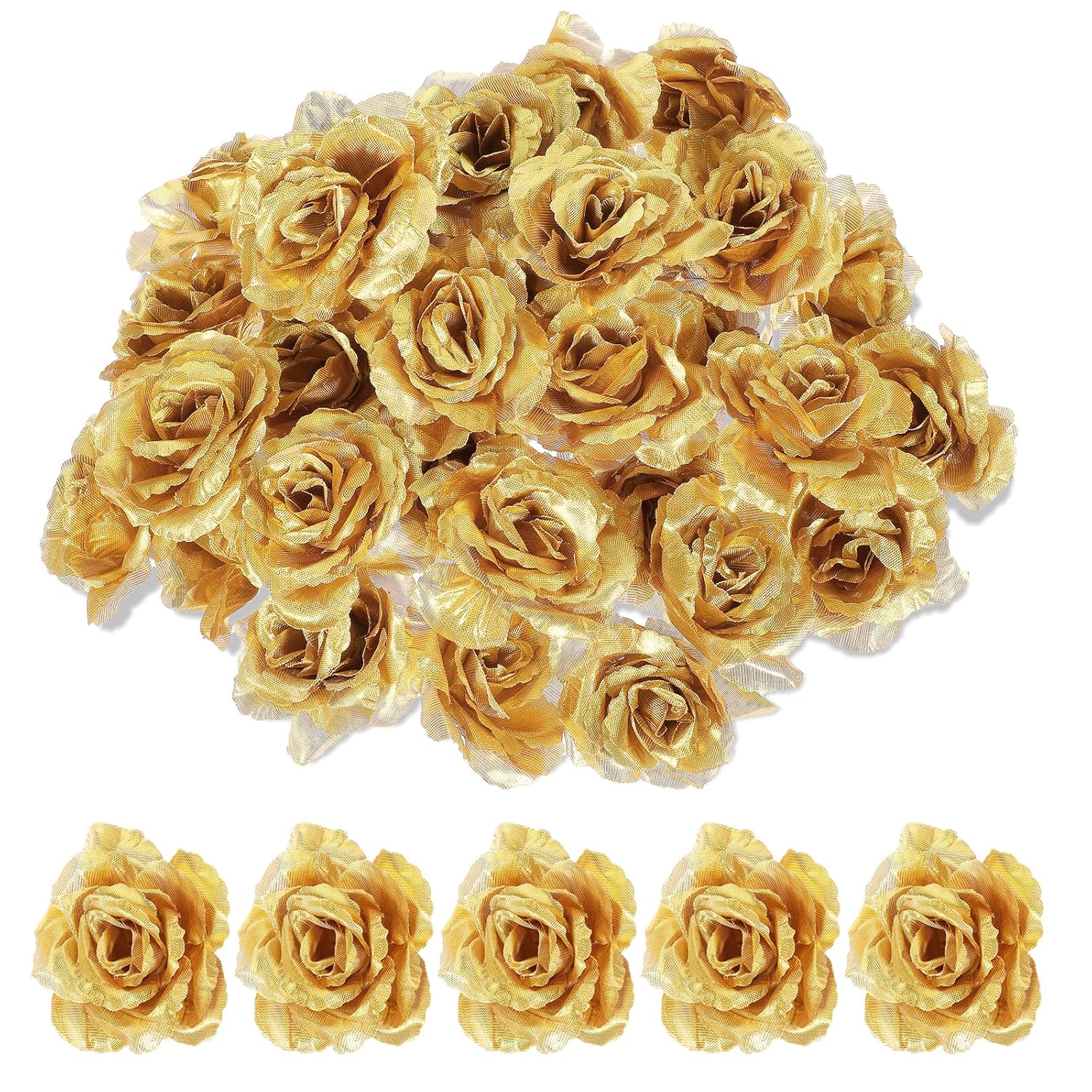 Gold Roses Artificial Flowers, 30 Pcs Fake Silk Gold Flowers Real Looking Faux Blossom Rose Flower Head For Wedding Bouquet Party Decor Diy Crafts Floral Arrangements
