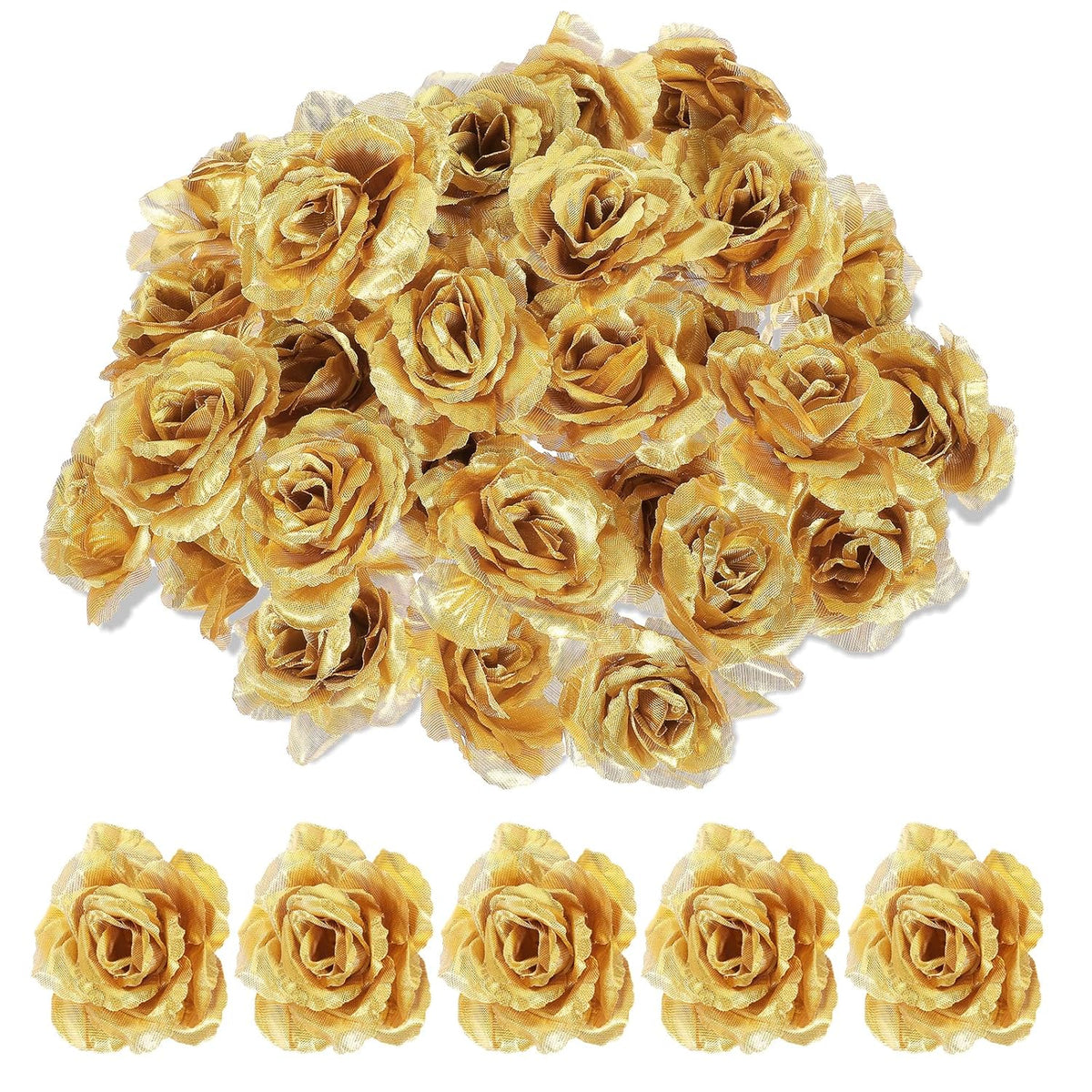 Gold Roses Artificial Flowers, 30 Pcs Fake Silk Gold Flowers Real Looking Faux Blossom Rose Flower Head For Wedding Bouquet Party Decor Diy Crafts Floral Arrangements