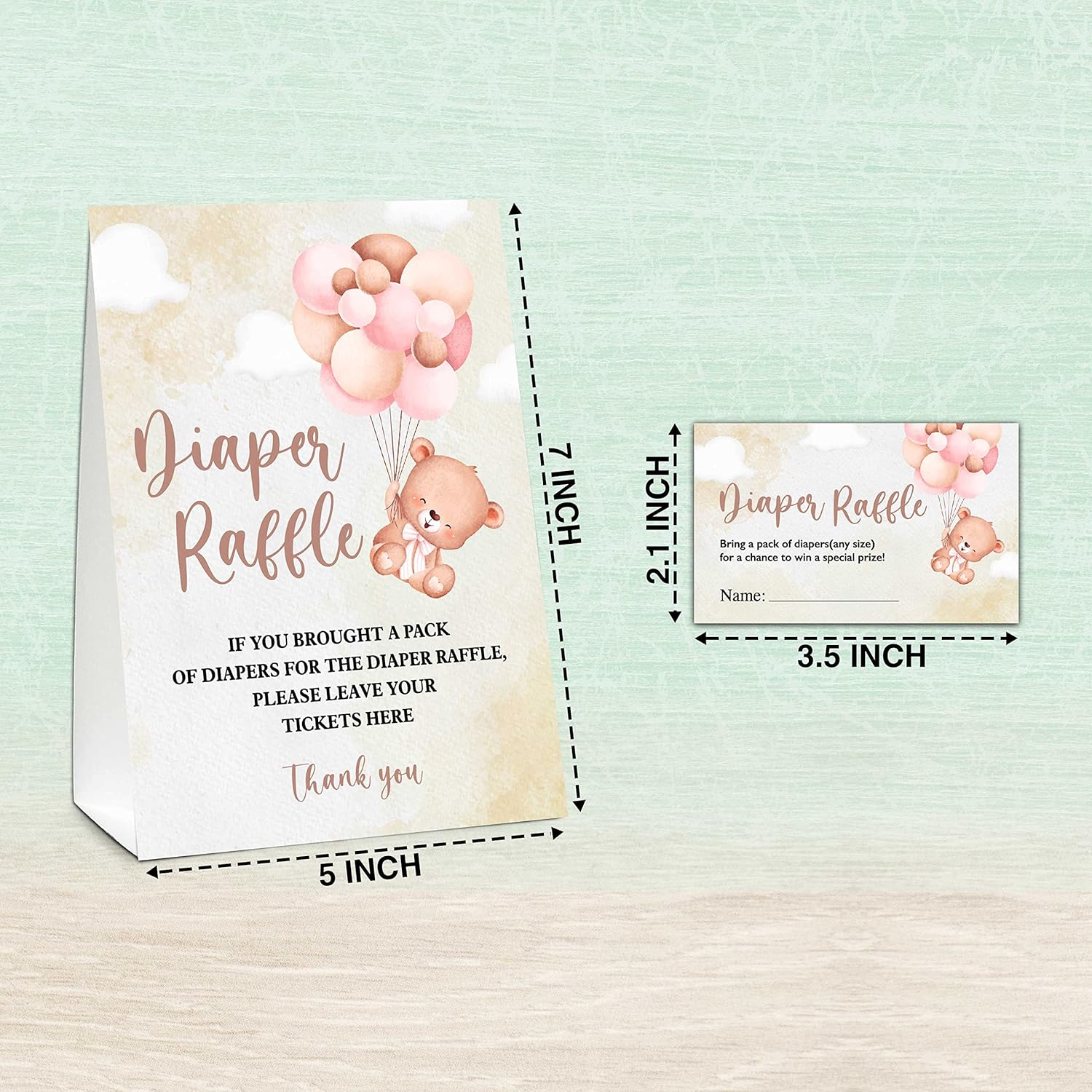 Diaper Raffle Party Games, Bear Balloon Baby Shower Game, Watercolor Brown Themed Baby Gender Reveal Party Supplies & Activities -1 Double Sided Standing Sign + 50 Guessing Cards (A12)