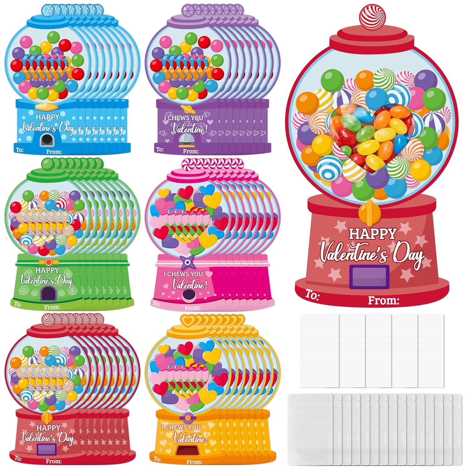 48 Set Valentines Day Gumball Machine Candy Holder Greeting Card, Funny Exchange Card Bulk With Treat Bag For Kids Classroom Activities, Diy Exchange Gift For Boy Girl Valentines Party Favors