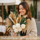120Pcs Artificial Roses & Natural Pampas Grass, 17" Boho Mixed Dried Flower Bouquet For Vase, Table, Living Room, Home Decor, Wedding, Floral Arrangements, Xmas Flowers Gifts