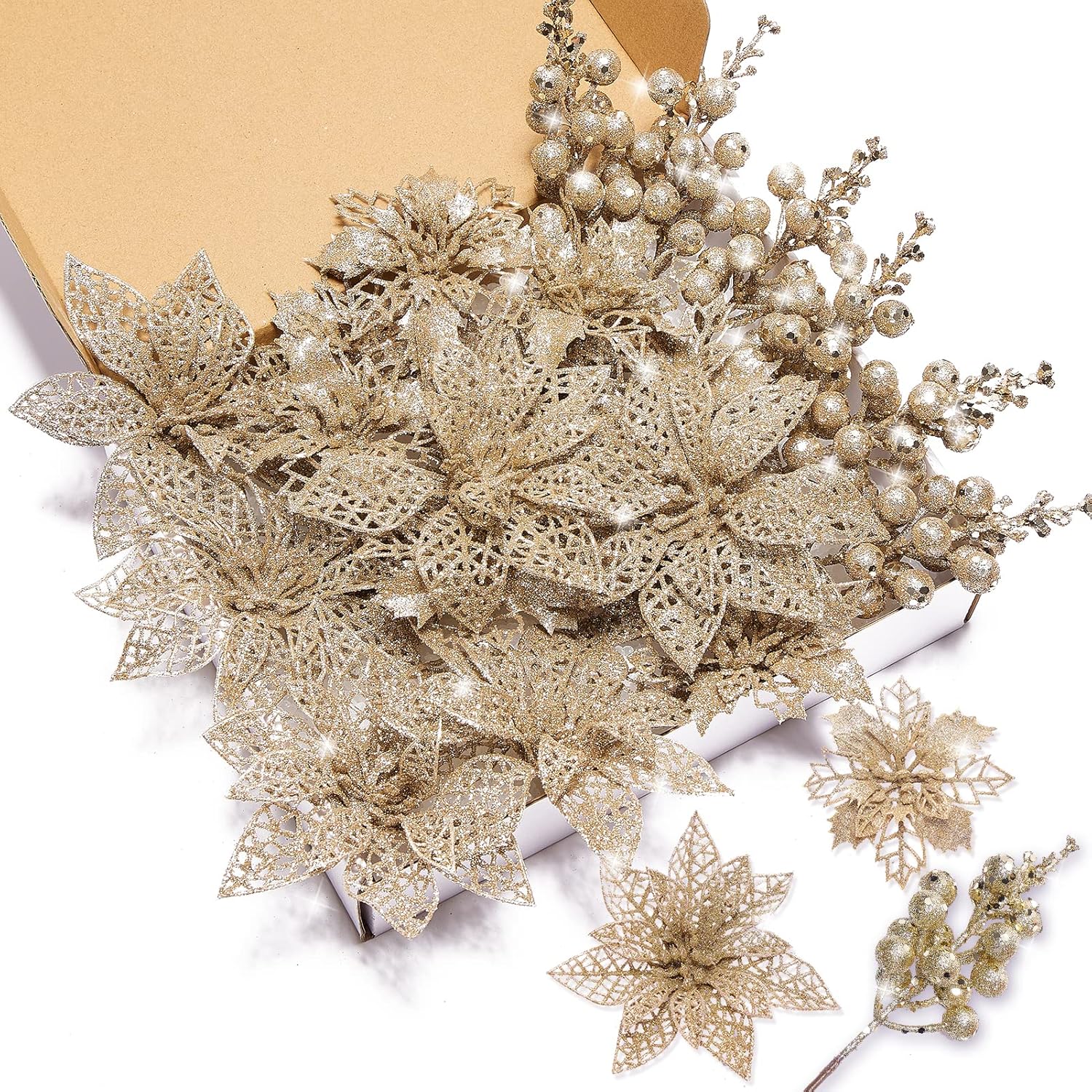 22Pcs Christmas Poinsettia Artificial Flowers And Glitter Berries Stems Kit, 16Pcs Christmas Tree Flowers Ornaments And 6 Pack Christmas Tree Picks For Wedding Holiday Decorations (Champagne)