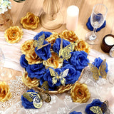 296 Pcs Faux Roses With Stem And 3D Butterfly Decorations Artificial Flowers Bulk Stemless Fake Silk Roses For Wedding Party Baby Shower Diy Home Decor(Blue, Gold)
