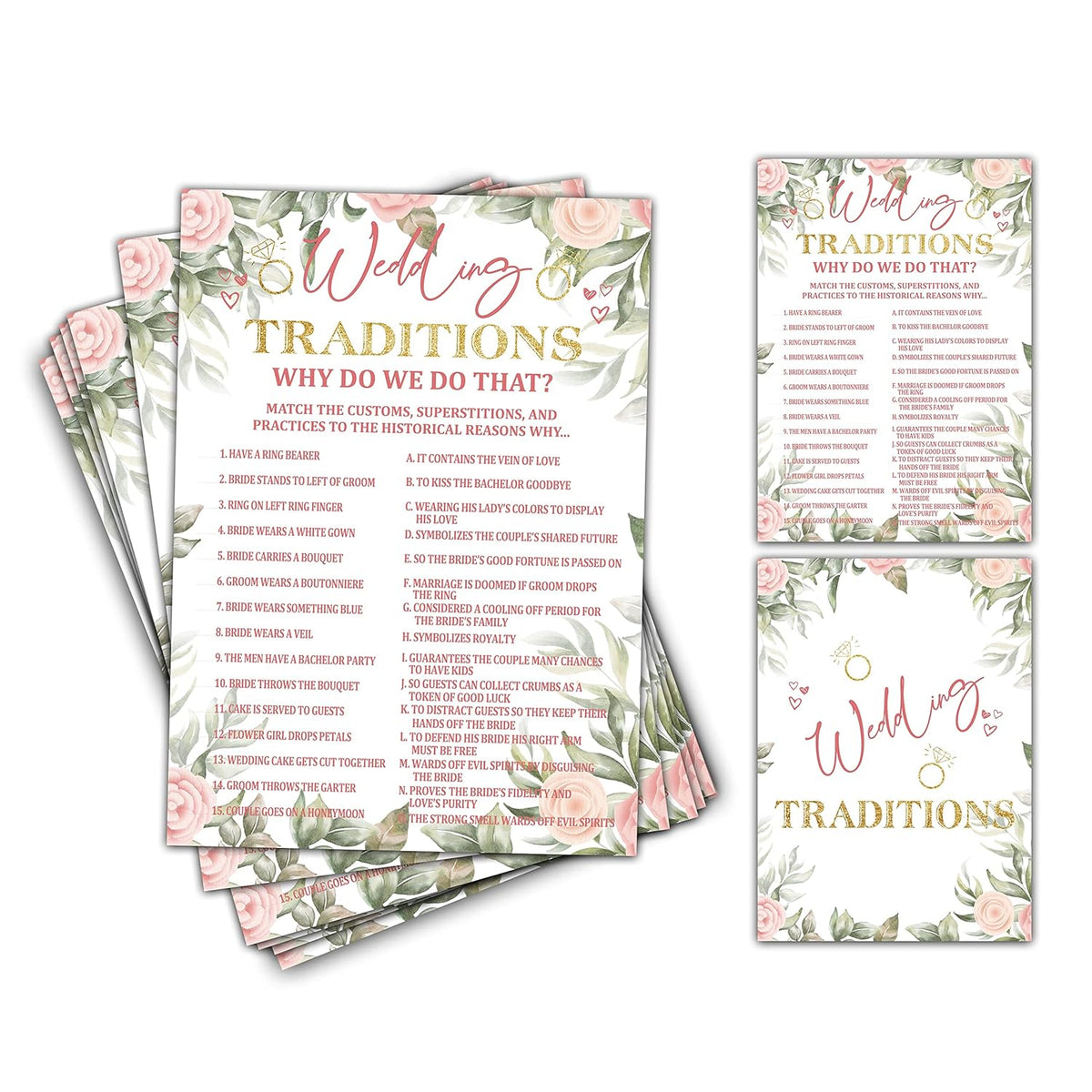Bridal Shower Games - Wedding Traditions Wedding Party Game - Boho Floral Greenery Bachelorette/Engagement Party Supplies Activities - Pack Of 30 Game Cards & 1 Answer Card (A03)