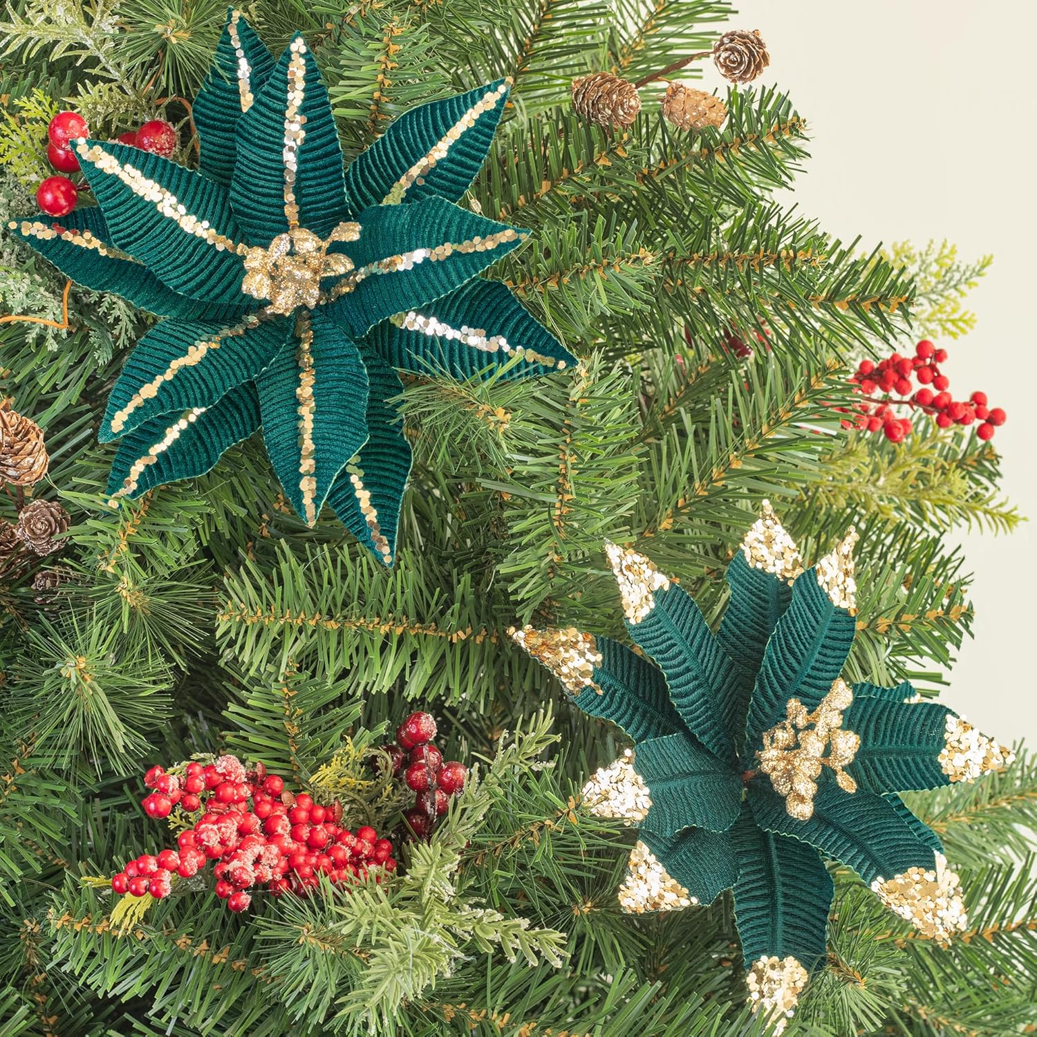 Store Christmas Poinsettia Dark Teal Flower 6Pcs 8-Inch Artificial Flower Picks Spray For Christmas Tree Decoration Ornaments For Xmas Tree Wreath Garland
