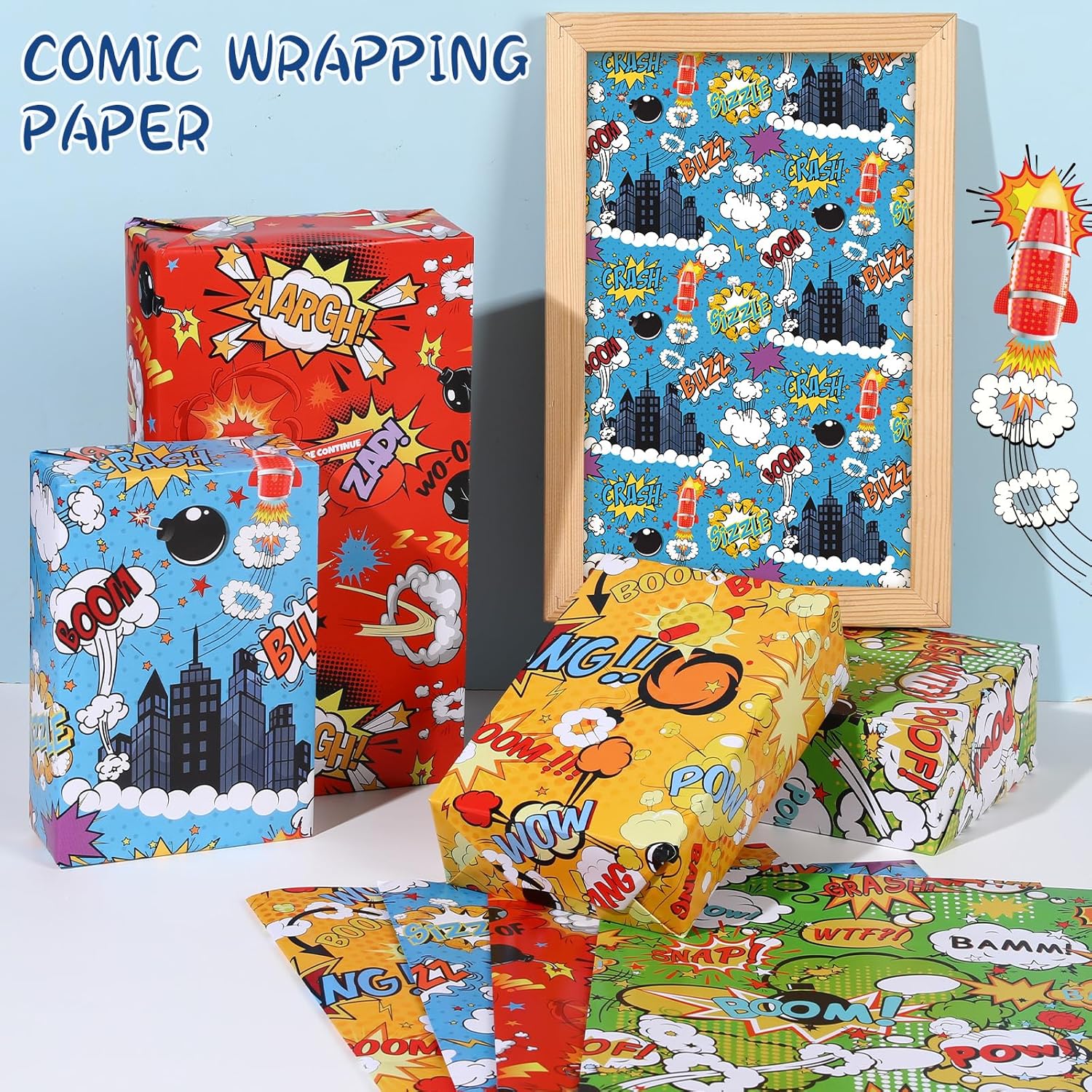 Comic Birthday Wrapping Paper, 19.7'' × 27.6'', 12 Sheets Comic Gift Wrap Colorful Cartoon Print Wrapping Paper With Pow Designs For Kids Birthday Holiday Party Supplies