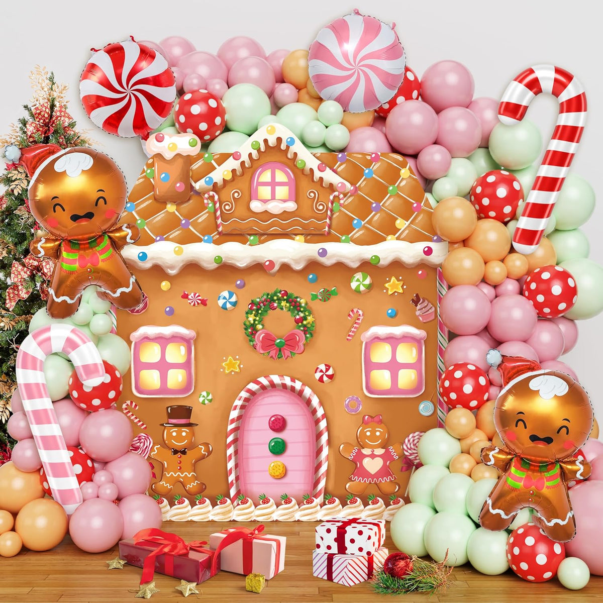 Christmas Gingerbread Balloon Garland Arch Kit With Gingerbread House Backdrop - Pastel Pink Green Brown Balloons Candy Cane Foil Balloons For Holiday New Year Birthday Party Decorations