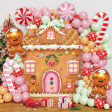 Christmas Gingerbread Balloon Garland Arch Kit With Gingerbread House Backdrop - Pastel Pink Green Brown Balloons Candy Cane Foil Balloons For Holiday New Year Birthday Party Decorations