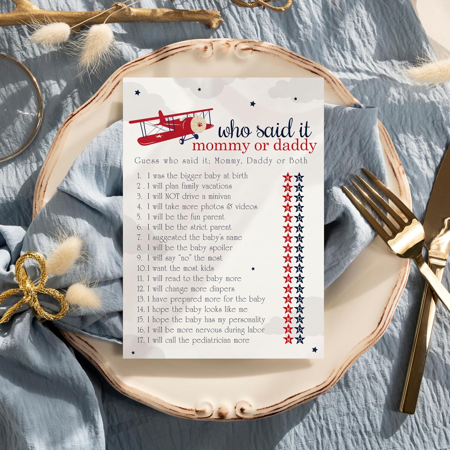 Airplane Baby Shower Games For Boys - 25 Guess Who Mommy Or Daddy Game Cards - Fun Gender Reveal Activities For Guests - Red And Blue Taking Flight Theme, 5X7