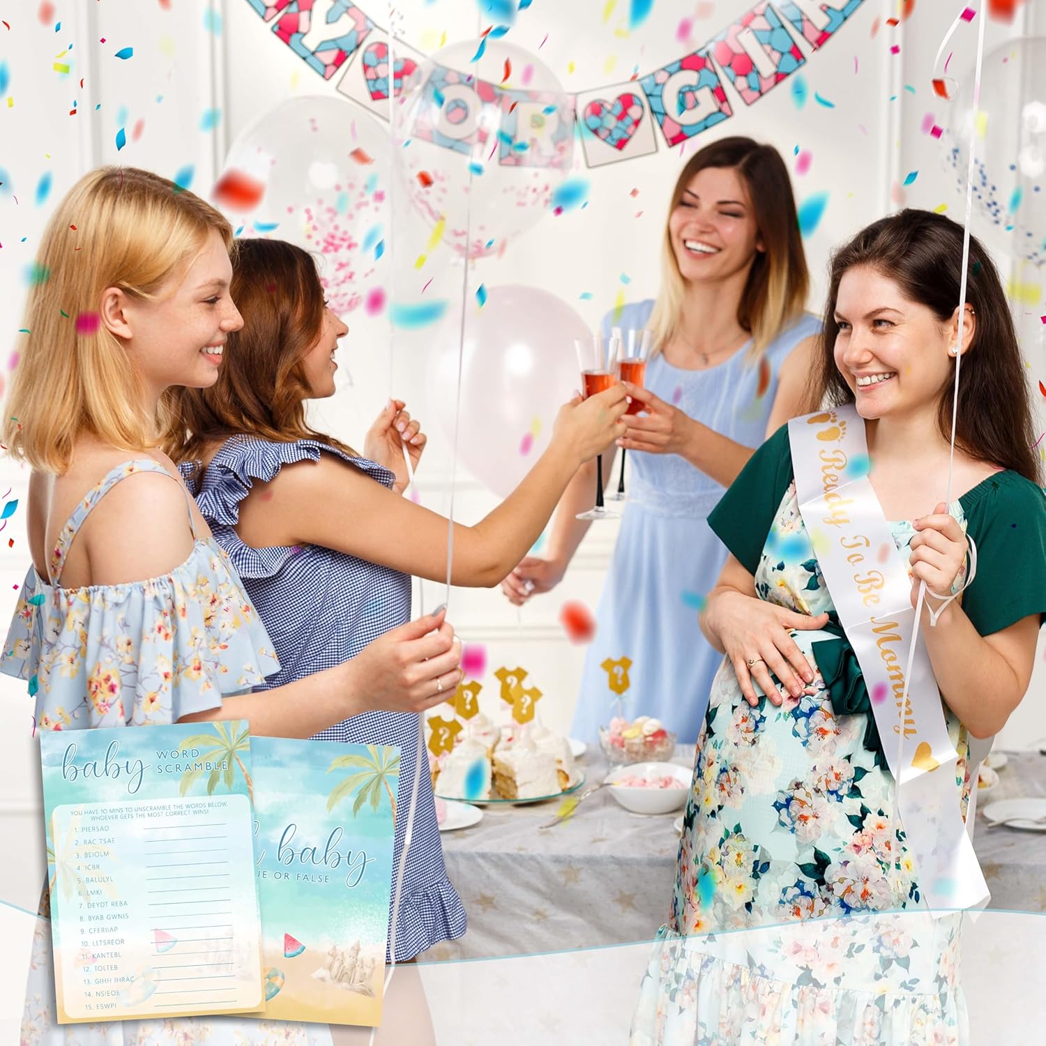 Summer Beach Baby Shower Games, 5X7 In & 25 Pcs Blue Ocean Baby Word Scramble Game Set, Gender Neutral Party Decorations Supplies & Favor-A07