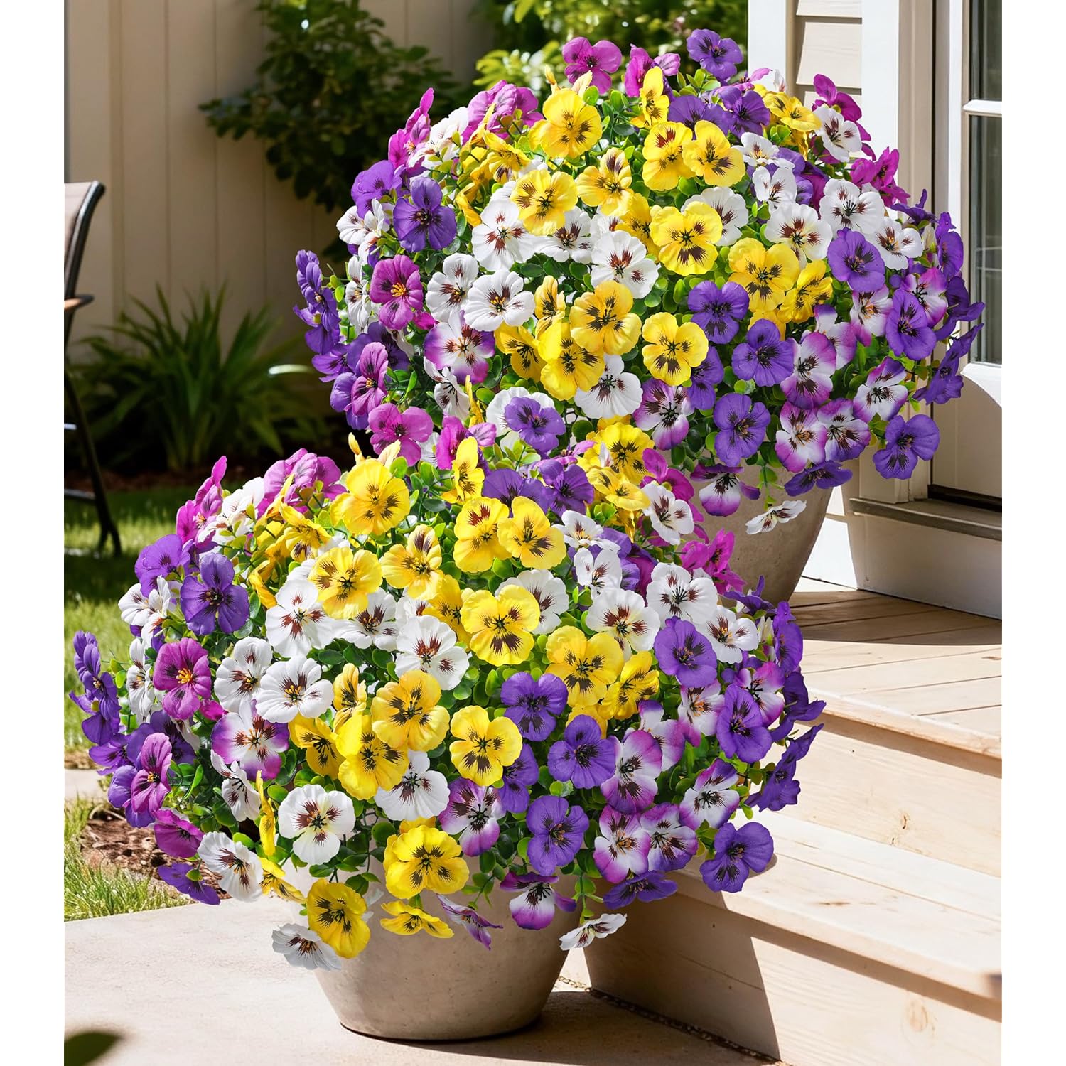 Artificial Fake Pansy Flowers For Outdoor Outside, 20Pcs Faux Silk Mixed Pansies Uv Resistant Flowers For Porch Yard Patio Window Box Home Decor (Gradient Purple Fuchsia Purple Yellow White)