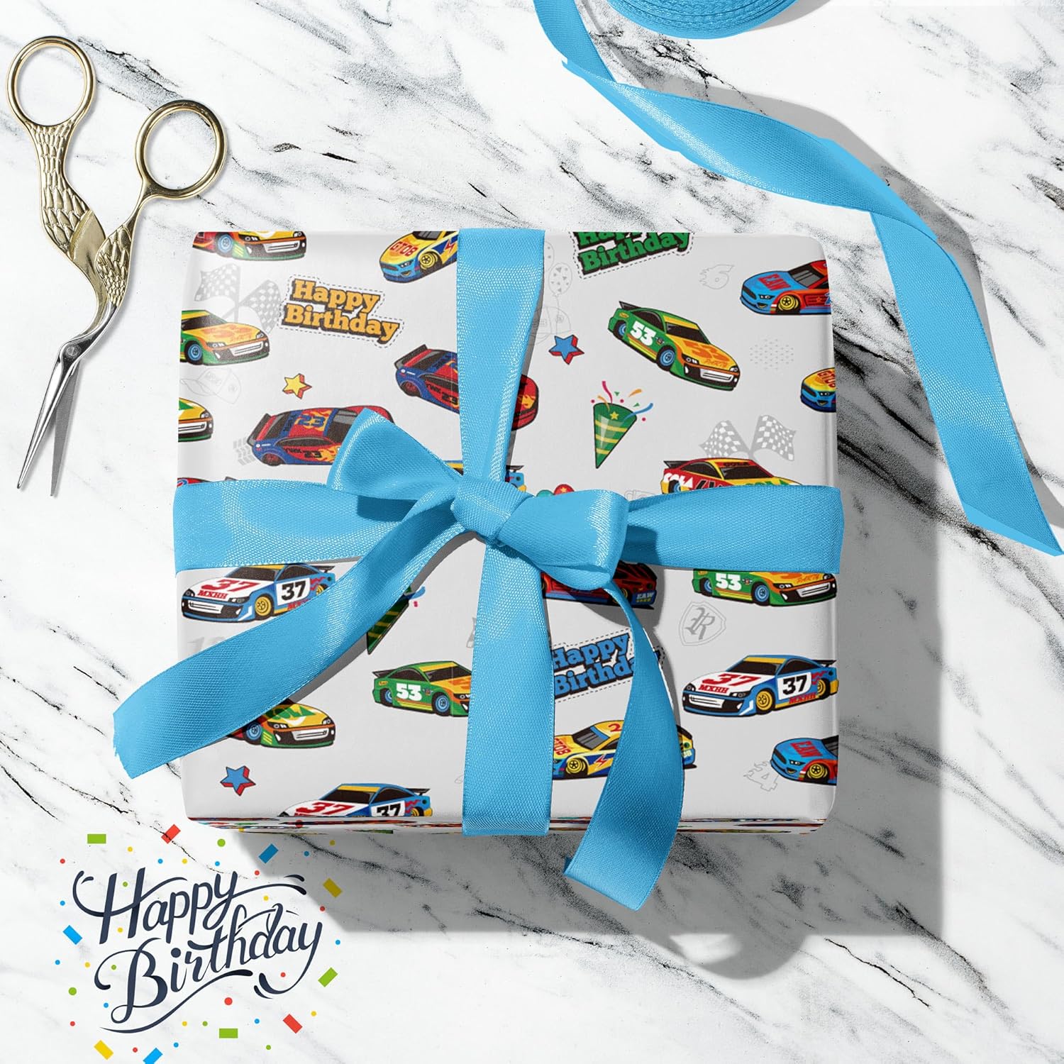 Race Car Wrapping Paper For Kids Birthday - Flames, Checkered Flags, Colorful Racing Cars And Happy Birthday Words Designs - 20 X 29 Inches, 8 Folded Sheets, Easy To Store…