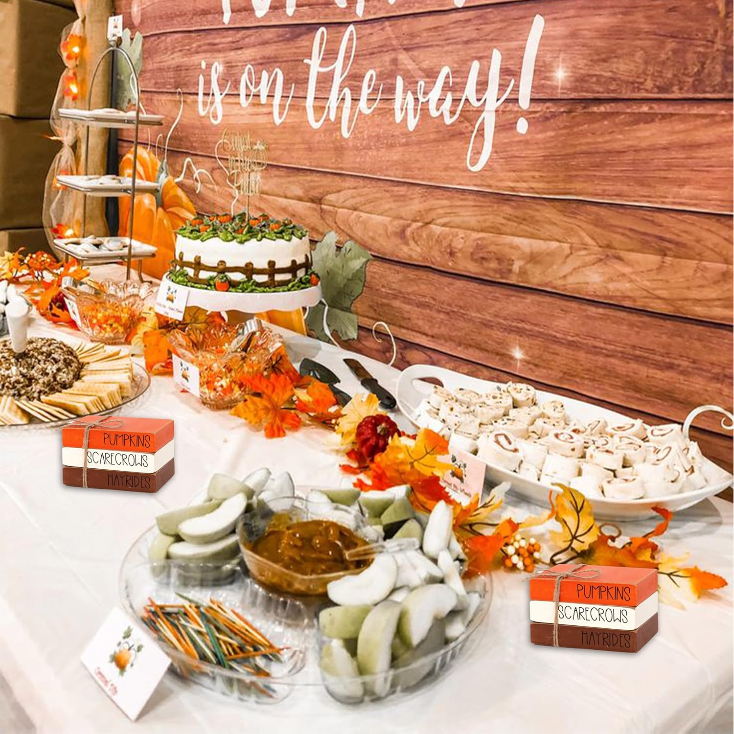 Thanksgiving Wood Book Stack Decor - Pumpkins Scarecrows Hayrides Tiered Tray Decor,Autumn Mini Faux Decorative,Farmhouse Mini Decorative Books Bundle (Pumpkins Book Stack Orange)