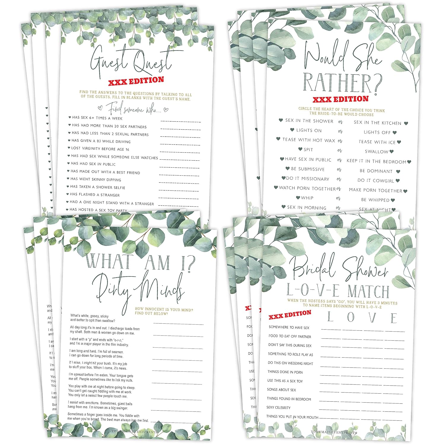 Eucalyptus Bridal Shower Games And Activities – Naughty Game Pack, 4 Games Included, Printed Double-Sided, 25 Of Each Game