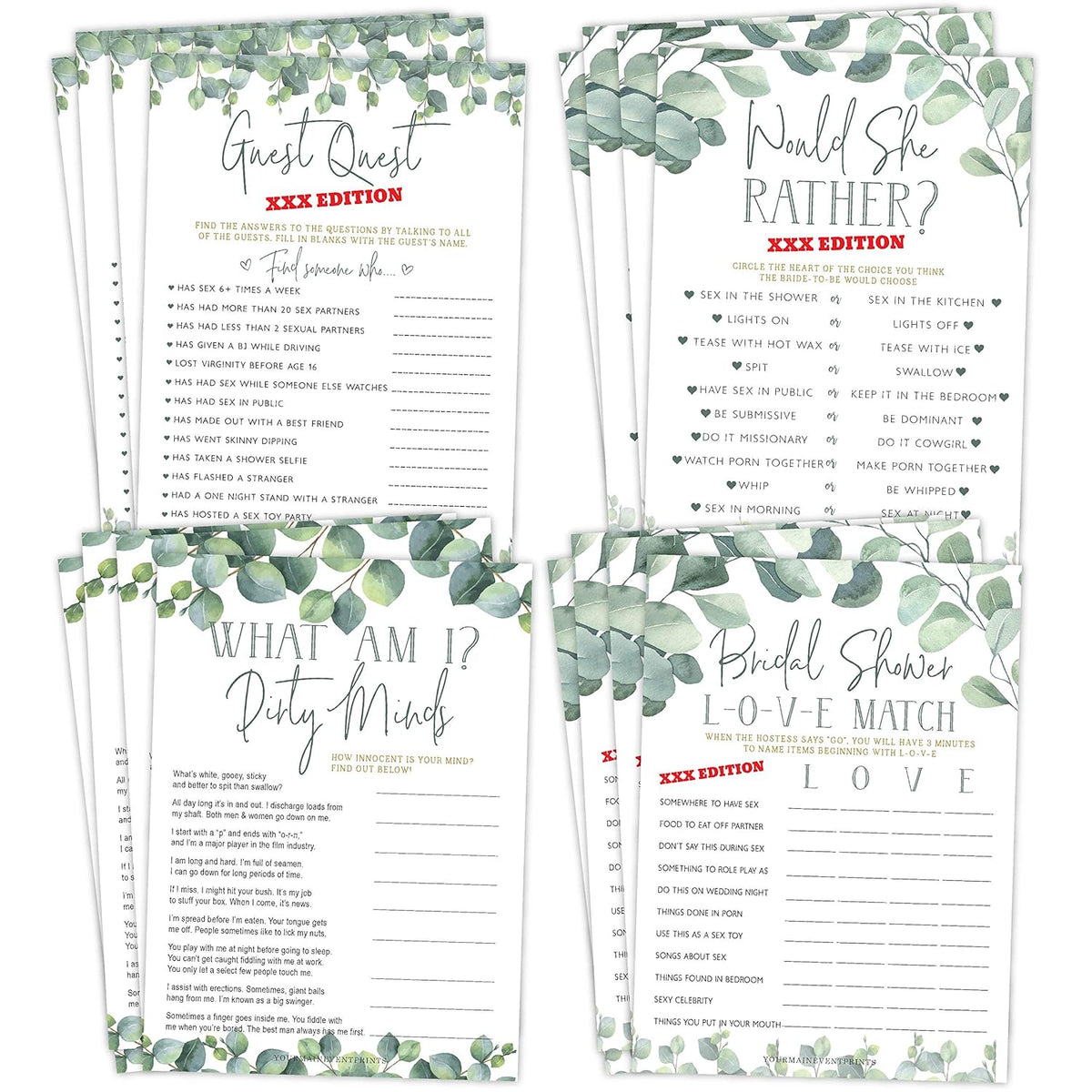 Eucalyptus Bridal Shower Games And Activities – Naughty Game Pack, 4 Games Included, Printed Double-Sided, 25 Of Each Game