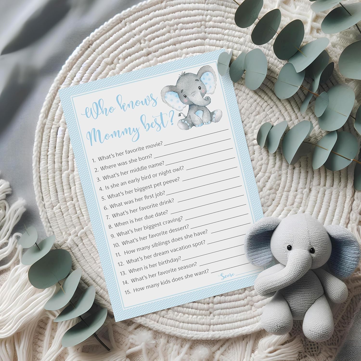 Blue Elephant Baby Shower Games Who Knows Mommy Best - Pack Of 25 - Peanut Theme Boy Baby Shower Game, New Parent Couples Fun Guessing Game Shower Activity, Questions Mom-To-Be Polka Dot G501-Wkm
