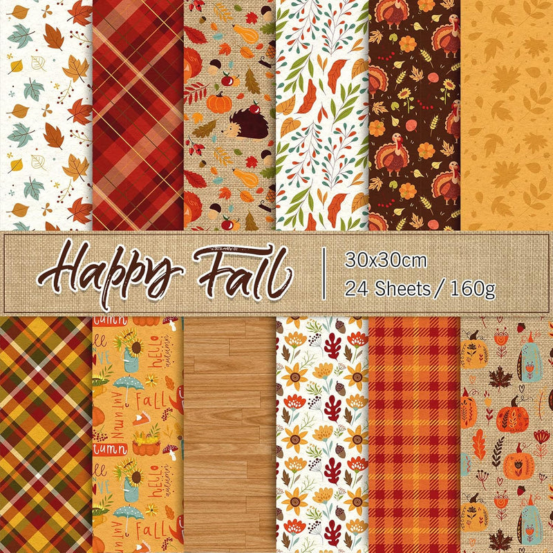 24Pcs Fall Pattern Paper 30X30Cm Colorful Fall Leaves Pumpkin Plaid Do