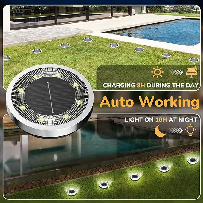 16 Pack Solar Ground Lights Cold White Waterproof Garden Landscape Pathway Lights