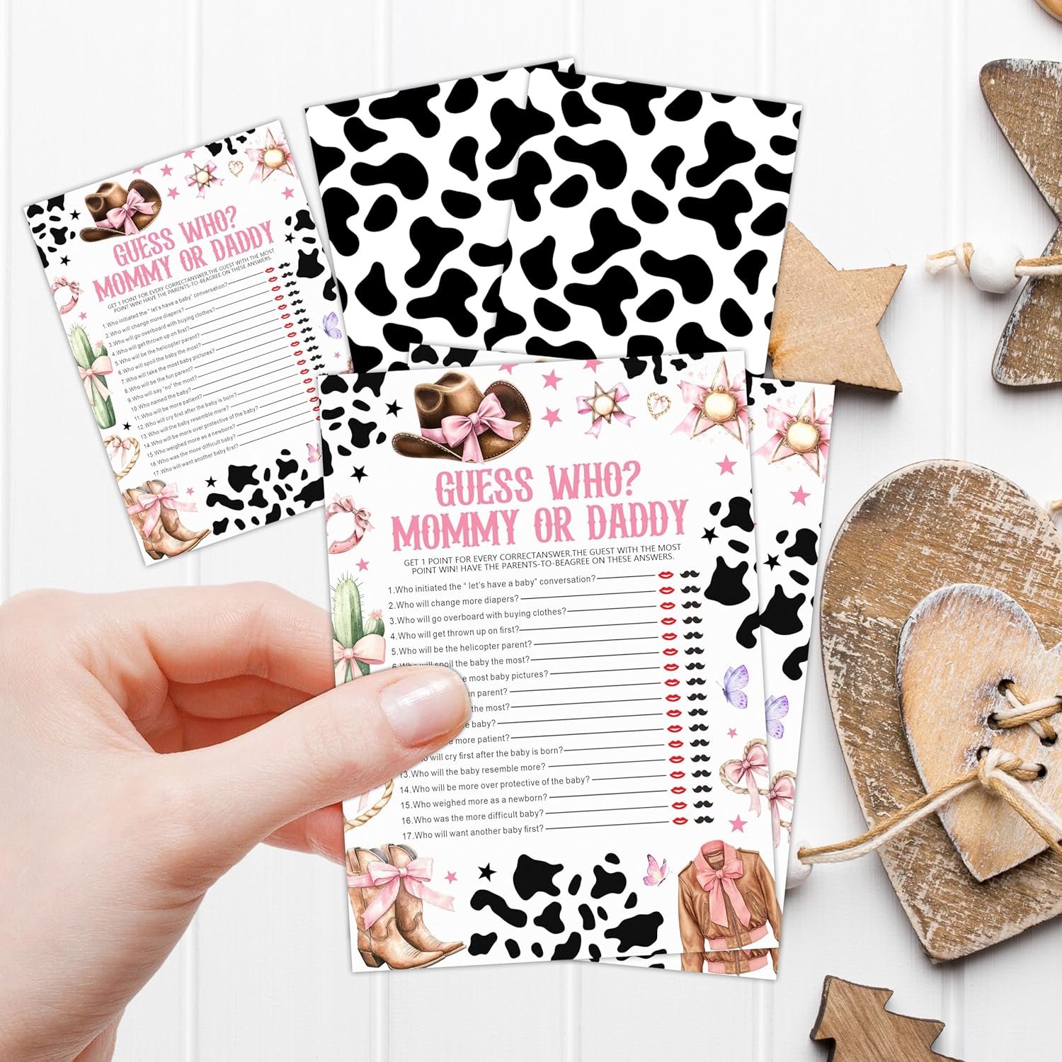 Mommy Or Daddy Western Cowgirl Baby Shower Game Set - 30 Pcs Double-Sided Print Cards - Gender Neutral Party Activities Favor & Supplies - Baby Shower Game For Girl - B06
