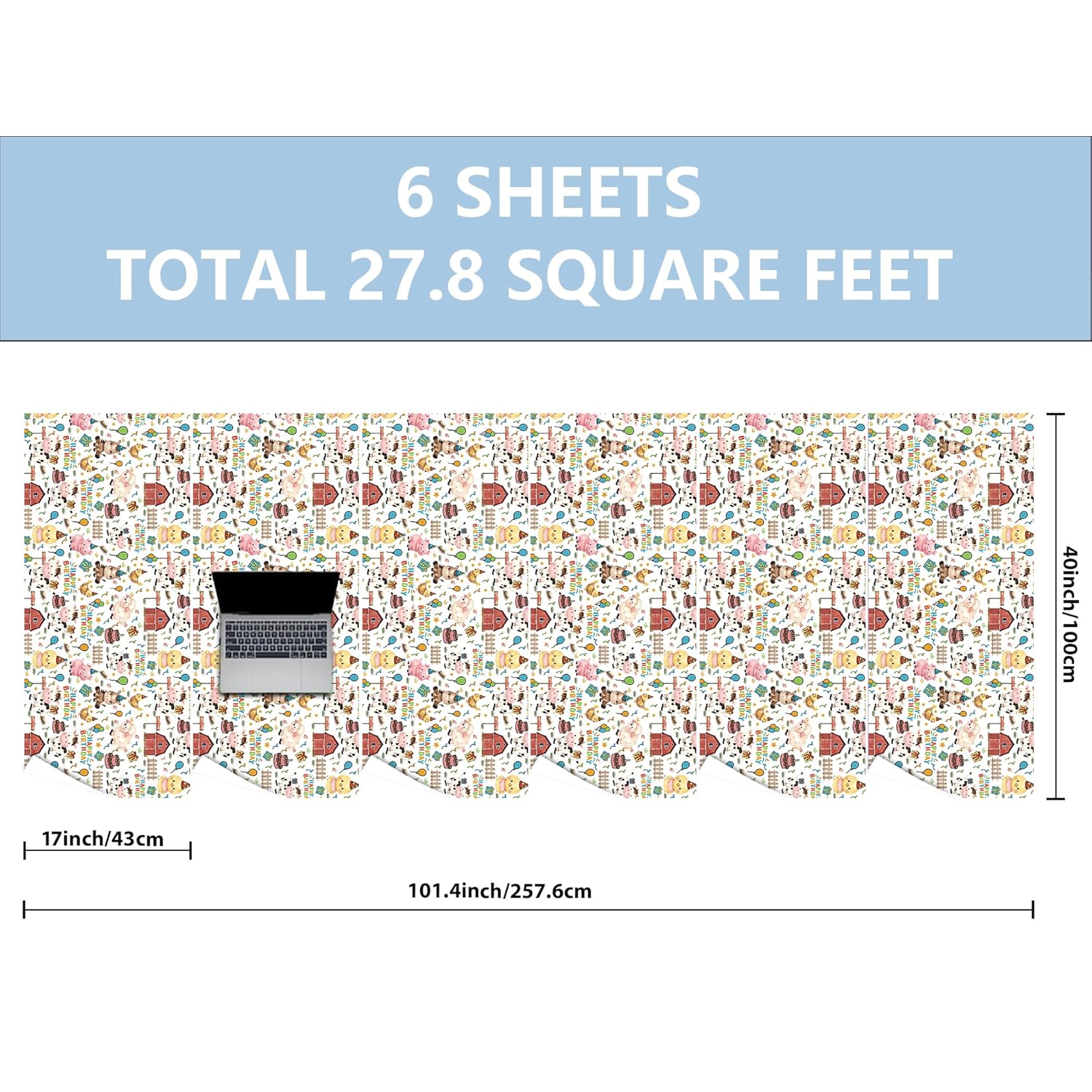 Farm Animal Wrapping Paper Roll For Boys Girls Kids - Cute Cow, Chick, Sheep, Horse Design Birthday Gift Wrap For Baby Shower Holiday Birthday Party - 17 In X 20 Ft(Total 28.5Sq.Ft)