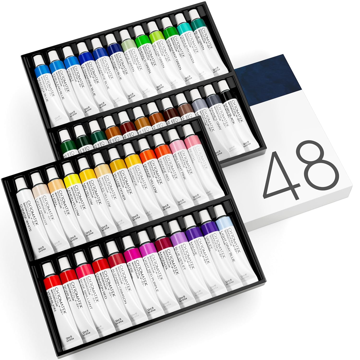 Watercolor Paint Set - 48 Piece Kit For Adults, Beginners & Professional Artists - 48 X 12Ml Liquid Water Color Tubes - Richly Pigmented Vibrant Colors - Art Supplies