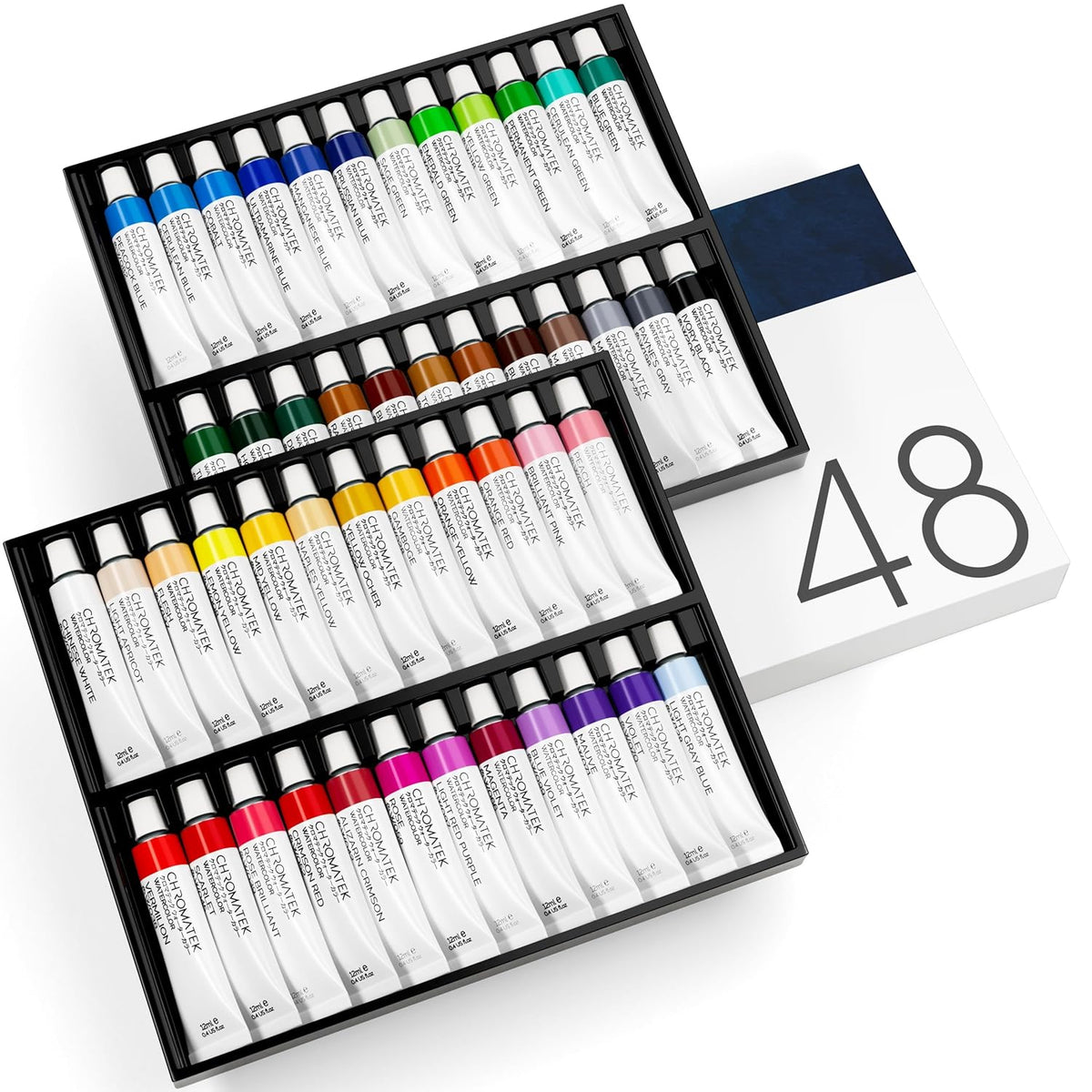 Watercolor Paint Set - 48 Piece Kit For Adults, Beginners & Professional Artists - 48 X 12Ml Liquid Water Color Tubes - Richly Pigmented Vibrant Colors - Art Supplies