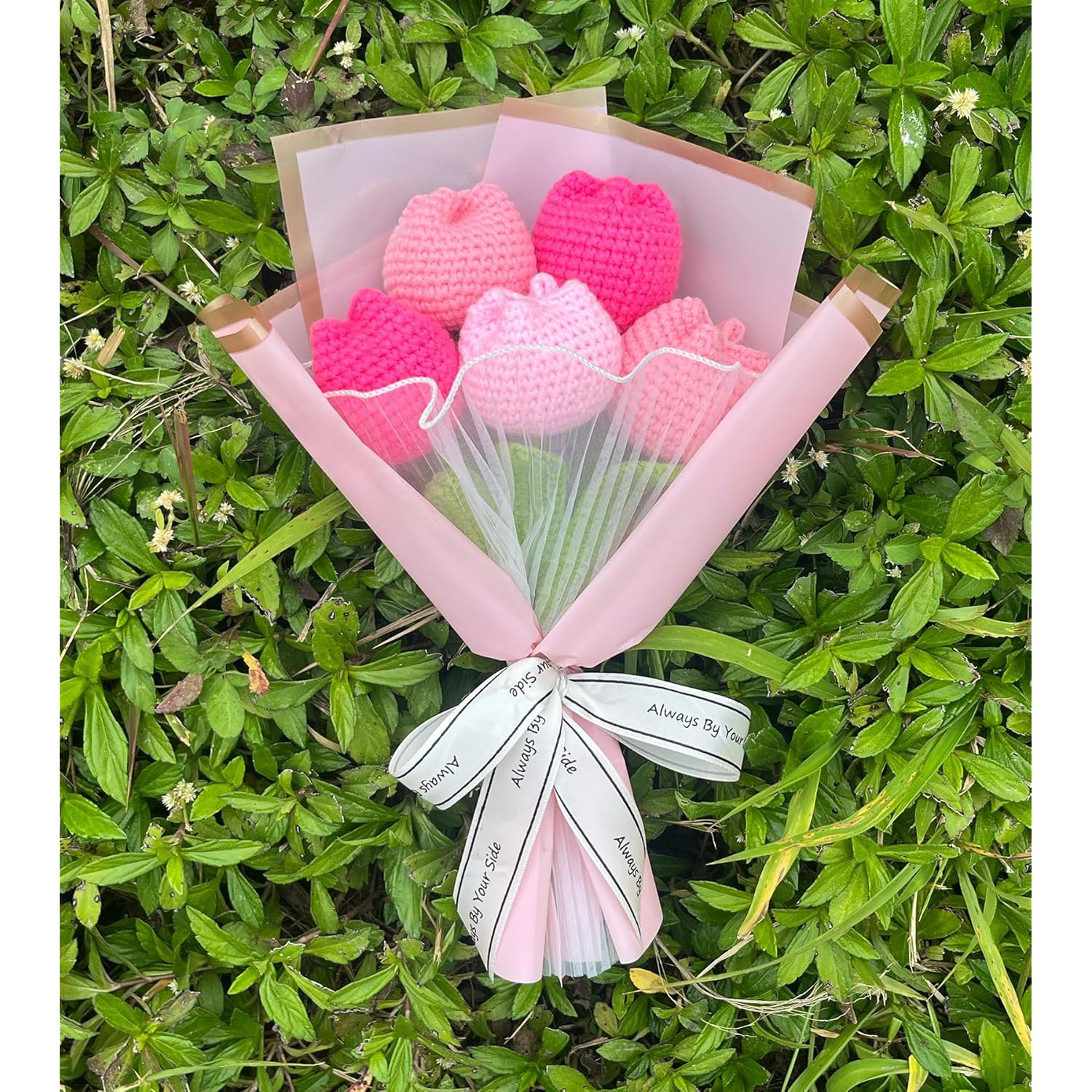 Crochet Tulip Flower Bouquet, Handmade Knitted Artificial Tulip Flowers, Gift For Mom Wife Women(Pink)