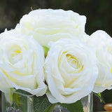 Enova Floral 7 Large Stems Artificial Silk Roses Fake Flowers Arrangement in Cube Glass Vase with Faux Water for Home Office Wedding Decoration (Cream)
