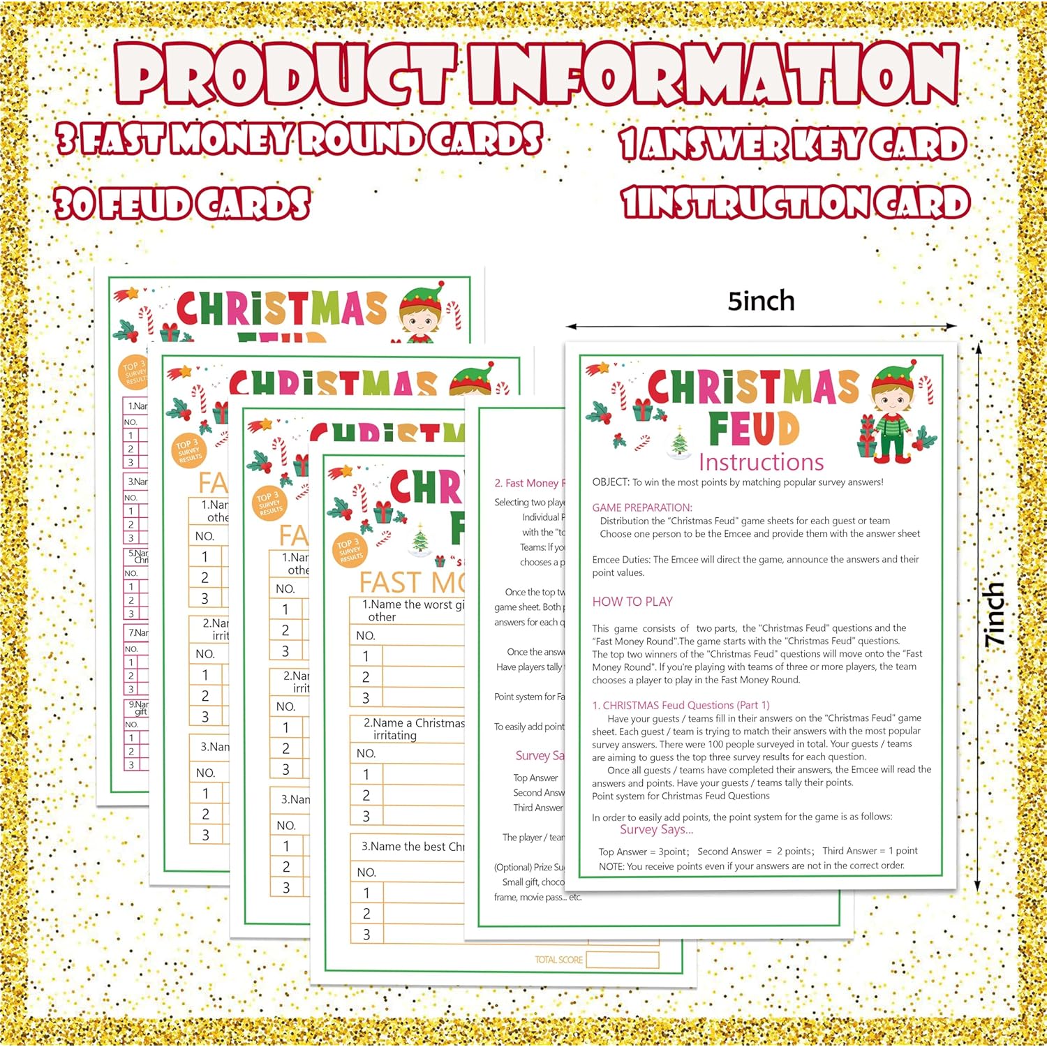 Christmas Friendly Feud Game, Christmas Trivia Quiz, Family Feud Baby Shower Game, Christmas Party Game For Family Activity Favors-30 Christmas Feud Cards & 3 Fast Money Round Cards-06