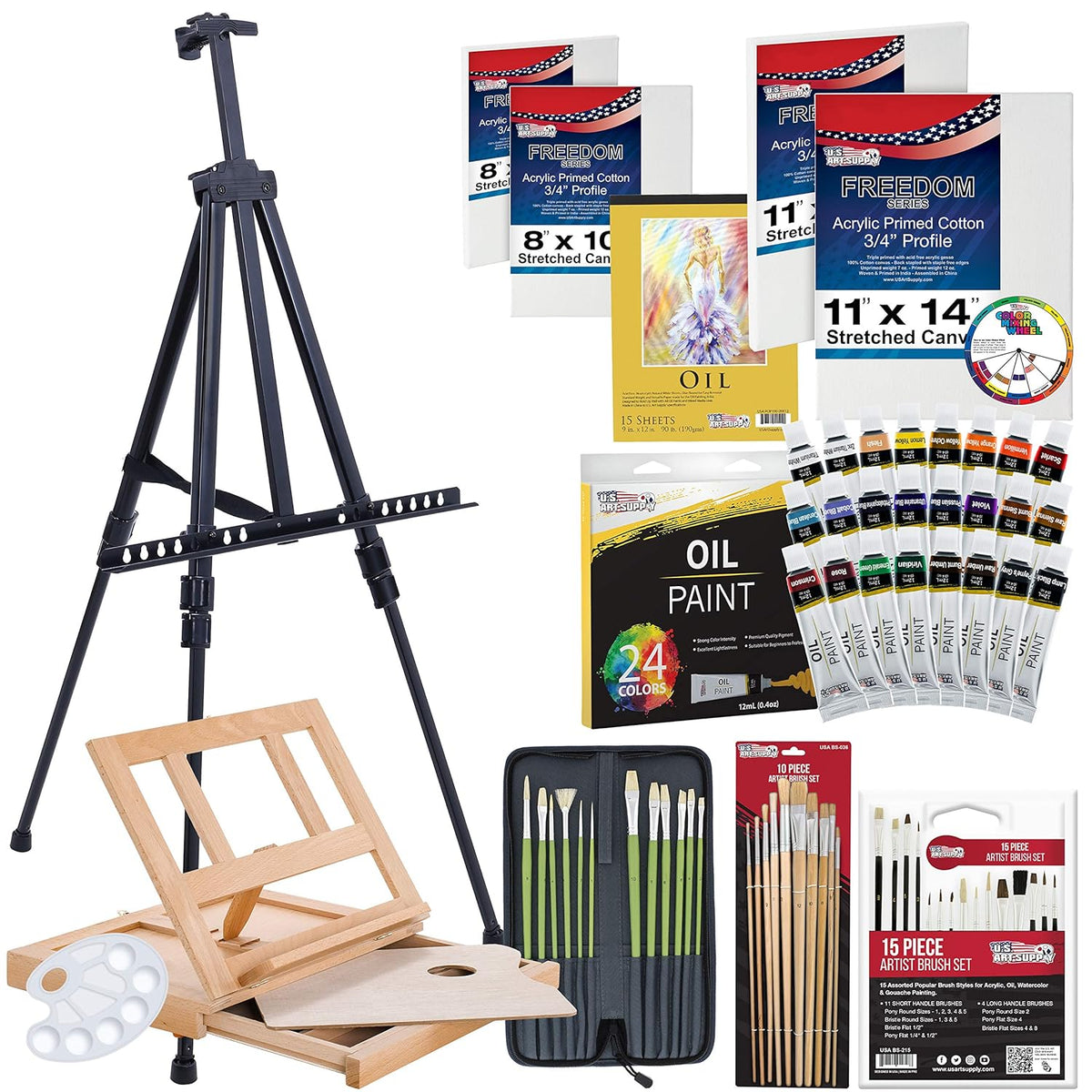70-Piece Artist Oil Painting Set With Aluminum Field Easel, Wood Table Easel, 24 Oil Paint Colors, 37 Brushes, 2 Stretched Canvases, 6 Canvas Panels, Painting Pad, Palette & More