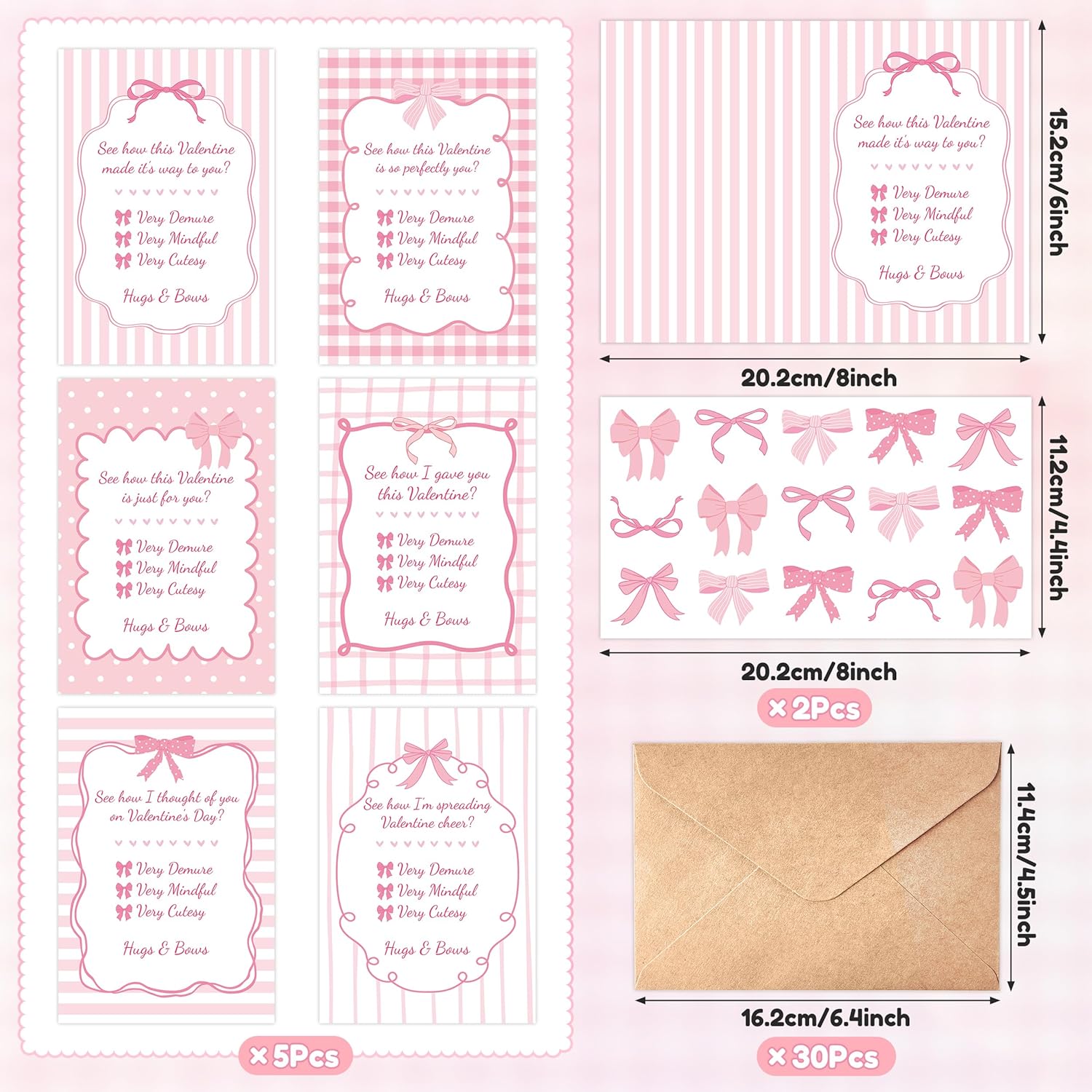 Valentines Day Office Cards Bulk- 30 Sets Pink Watercolor Coquette Bow Blank Greeting Cardstocks With Envelopes Stickers, Valentine'S Day Party Favors Gifts For Coworkers Group Anniversary