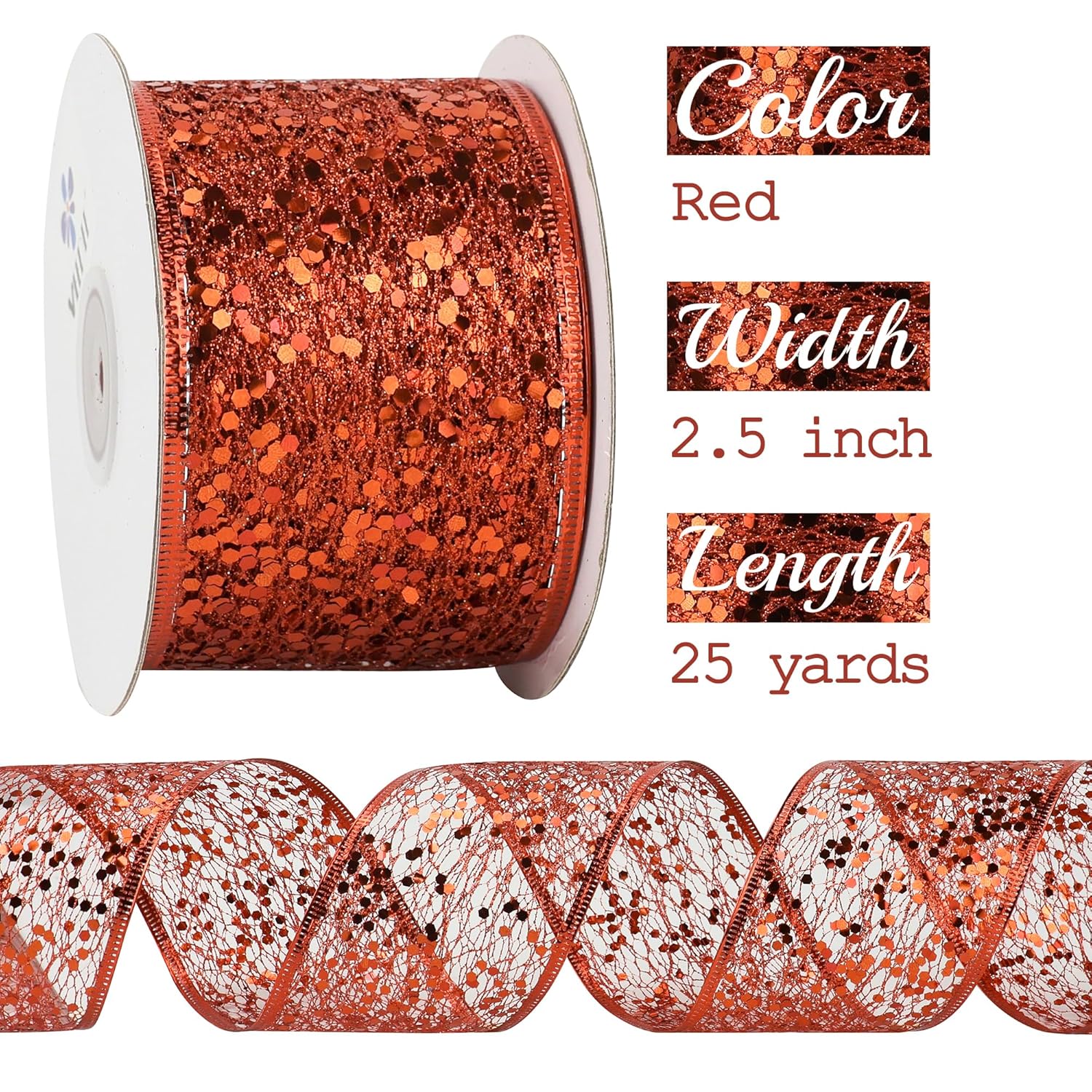 Red Glitter Ribbon Wire Mesh Ribbons With Sparkle Red Christmas Ribbons 2.5 Inch Metallic Wired Ribbon For Christmas Tree Decoration, Garland, Wreath Bow Making (25 Yards)