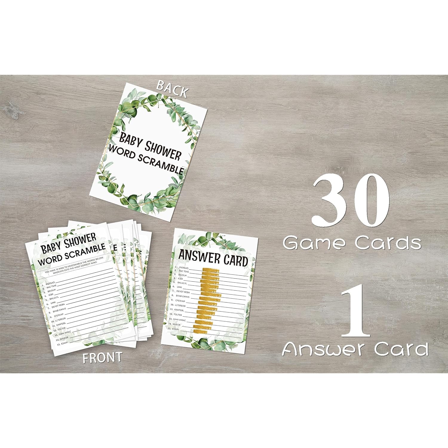 Baby Shower Game Cards, Word Scramble Game, Tropical Jungle Theme Party Games, Set Of 30 (Green005)